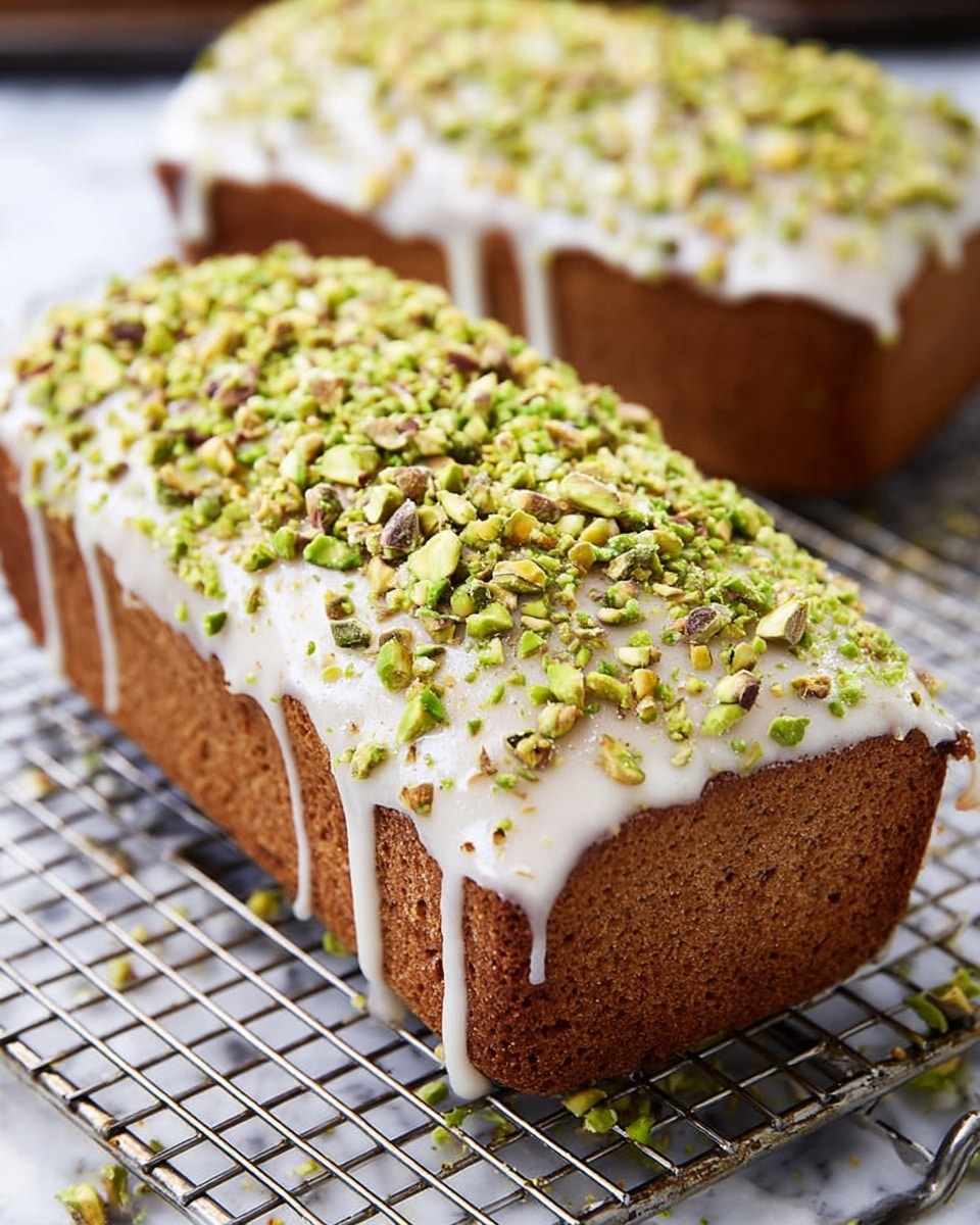 A rectangular cake with a brown base sits on a metal cooling rack over a white marbled texture. The cake has a thick layer of white icing that drips slightly down the sides. On top of the icing is a thick, even layer of chopped green pistachio nuts spread all over, adding texture and color contrast. In the background, another similar cake is visible, also with white icing and pistachio topping. The whole scene is well lit, showing the moist texture of the cake and smooth, slightly shiny icing photo taken with an iphone --ar 4:5 --v 7
