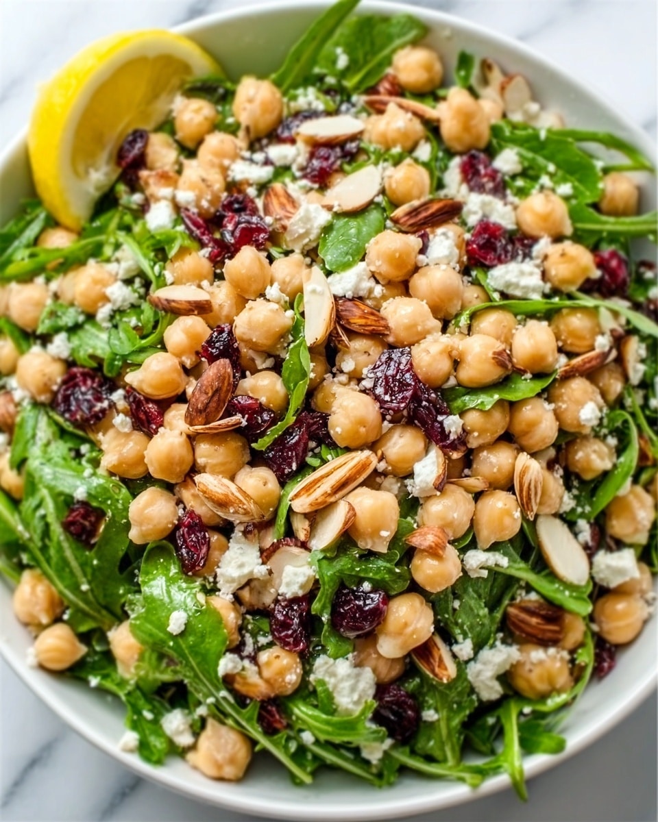 A white bowl is filled with a layered salad showing a mix of creamy beige chickpeas, dark green leafy arugula, small white crumbles of cheese, deep red dried cranberries, and light brown sliced almonds scattered evenly on top. The textures combine smooth chickpeas, crisp leaves, soft cheese, chewy cranberries, and crunchy almonds. The bowl sits on a white marbled surface, with a bright lemon wedge partly visible on the side. photo taken with an iphone --ar 4:5 --v 7