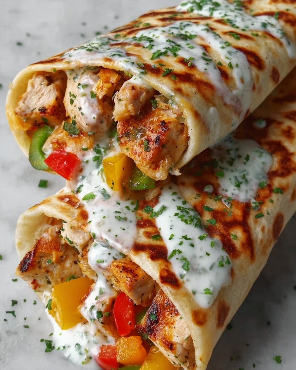 This image shows two stuffed wraps placed on a white marbled surface. Each wrap is soft and light golden in color with grilled marks on parts of the outer layer. Inside, the wraps are filled with chunks of cooked chicken that have a slight brown, grilled texture. Along with chicken, there are visible pieces of bright red, yellow, and green bell peppers, adding vibrant color to the filling. The wraps are topped with a white creamy sauce that is drizzled over the entire surface, sprinkled with finely chopped green herbs, giving the dish a fresh look. The wraps sit side by side, partially overlapping, showing the rich, colorful filling inside. photo taken with an iphone --ar 4:5 --v 7