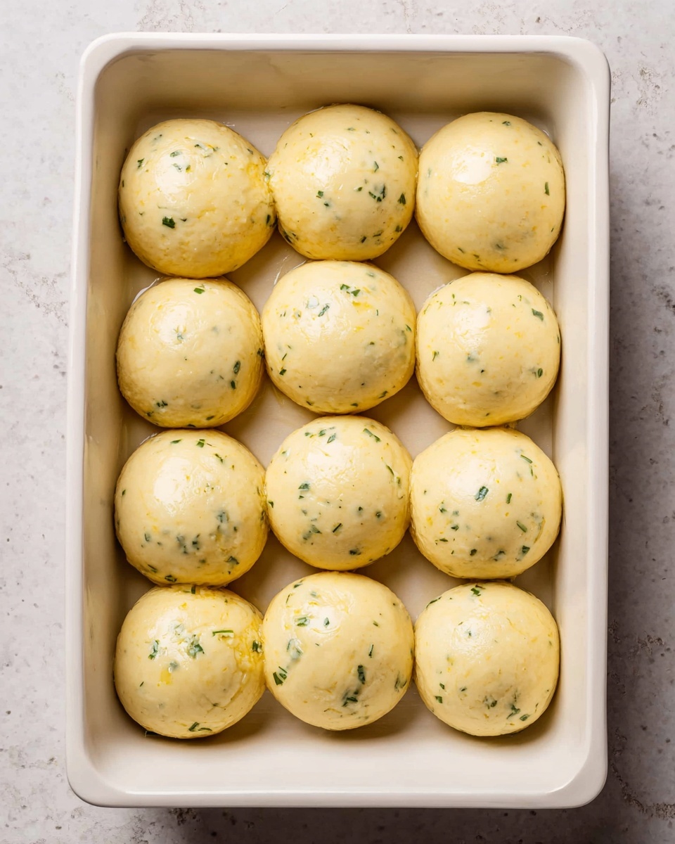 The image shows a white rectangular baking dish filled with twelve round dough balls closely placed in a 3 by 4 grid. Each dough ball is smooth, shiny, and light yellow in color with small green herb bits scattered inside the dough, giving it a speckled look. The dough balls have a soft, slightly glossy texture, indicating they are ready to bake. The dish rests on a surface with a white marbled texture. photo taken with an iphone --ar 4:5 --v 7