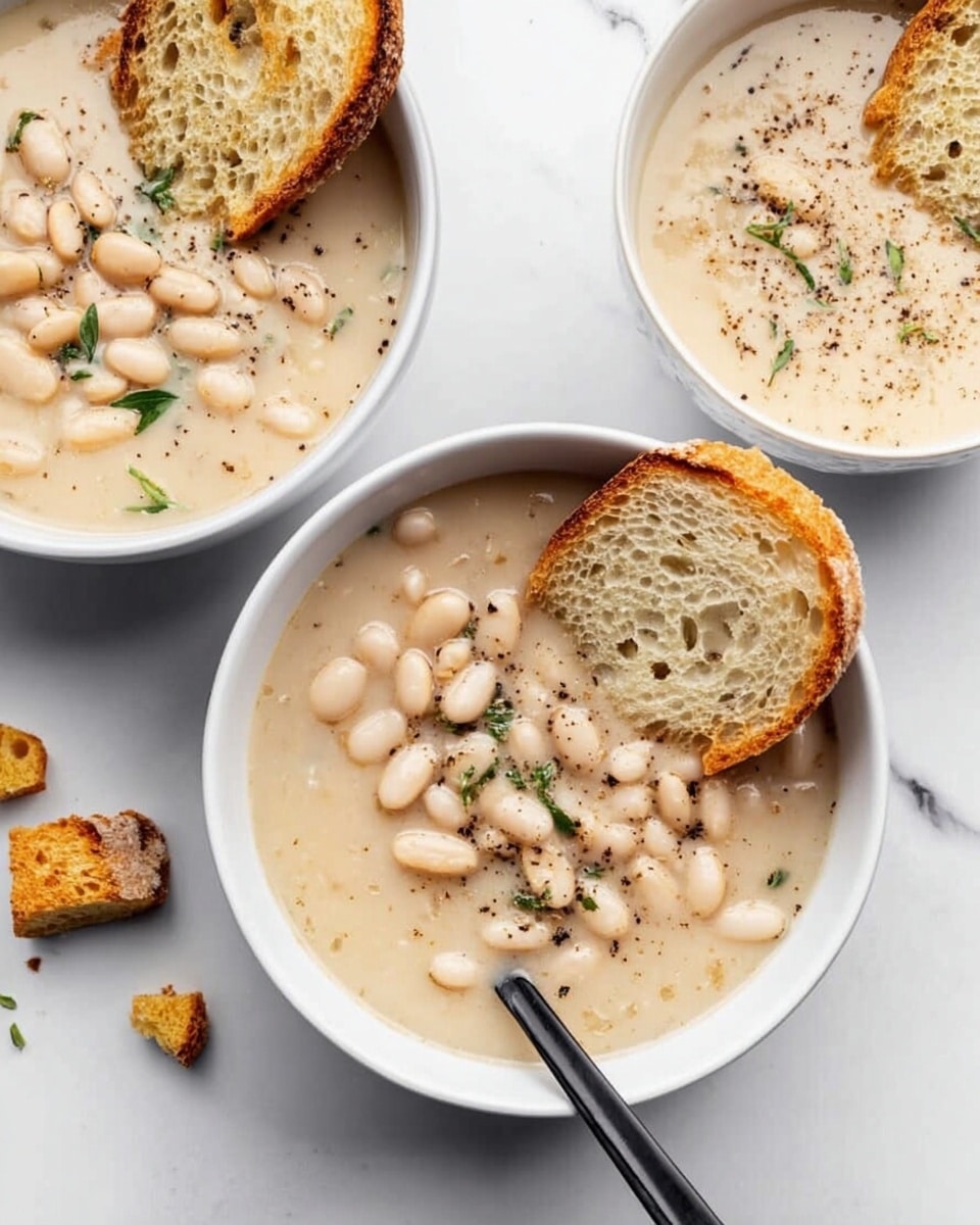 The image shows three white bowls of creamy white bean soup on a white marbled surface. Each bowl has a creamy, smooth soup base mixed with whole white beans spread evenly. Two slices of light brown toasted bread rest on the rim of the center bowl, positioned partly inside the soup. There is a black spoon placed inside the central bowl, leaning towards the right. The soup is topped with small black pepper specks and some green herb bits, giving subtle texture on the surface. Two bowls also have small pieces of golden-brown croutons scattered on top. The overall scene is bright, clean, and simple. Photo taken with an iphone --ar 4:5 --v 7