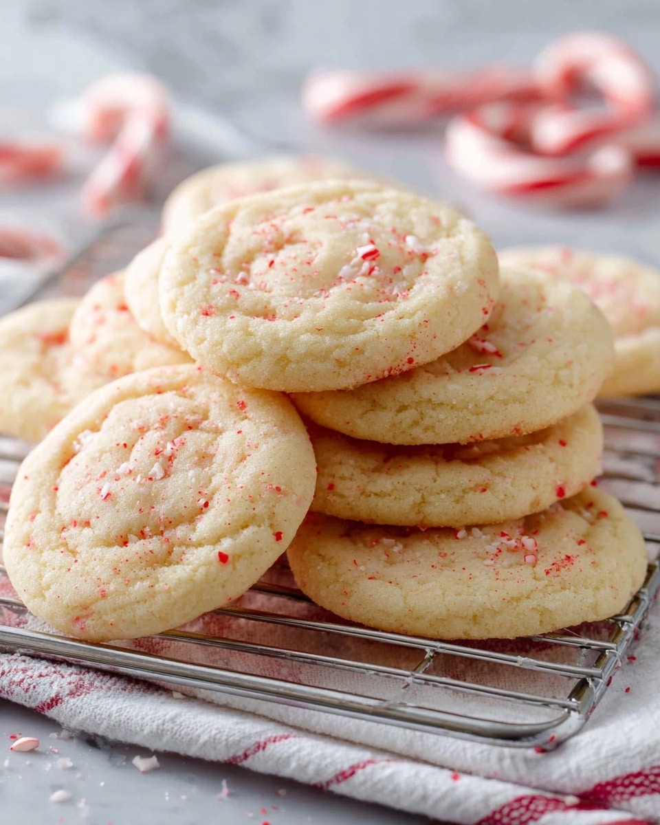 A close-up view of multiple soft cookies stacked and slightly overlapping on a round wire cooling rack with a white marbled background. Each cookie has a pale creamy color with light golden edges and is sprinkled with small red specks, giving a textured appearance on the top surface. The cookies are round with smooth, slightly cracked tops and a soft, delicate look. Photo taken with an iphone --ar 4:5 --v 7