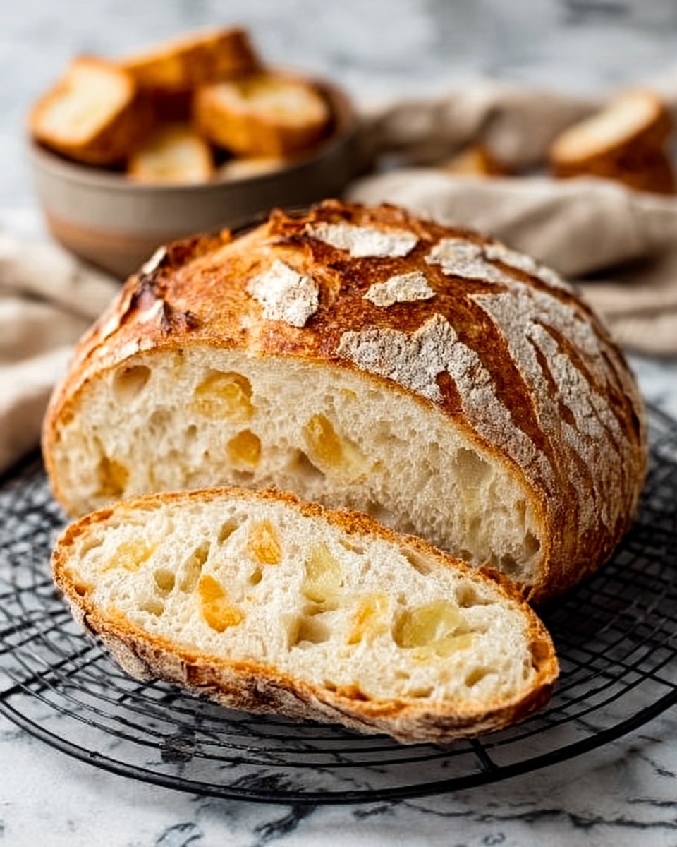 A round loaf of bread with a golden-brown crust and a crackled pattern on top, sitting on a black cooling rack. The bread is cut open, showing a soft, airy inside with light yellow chunks mixed throughout. In the background, there is a bowl filled with small slices of bread on a white marbled surface. The photo captures the texture of the crust and the fluffy bread inside clearly, taken with an iphone --ar 4:5 --v 7