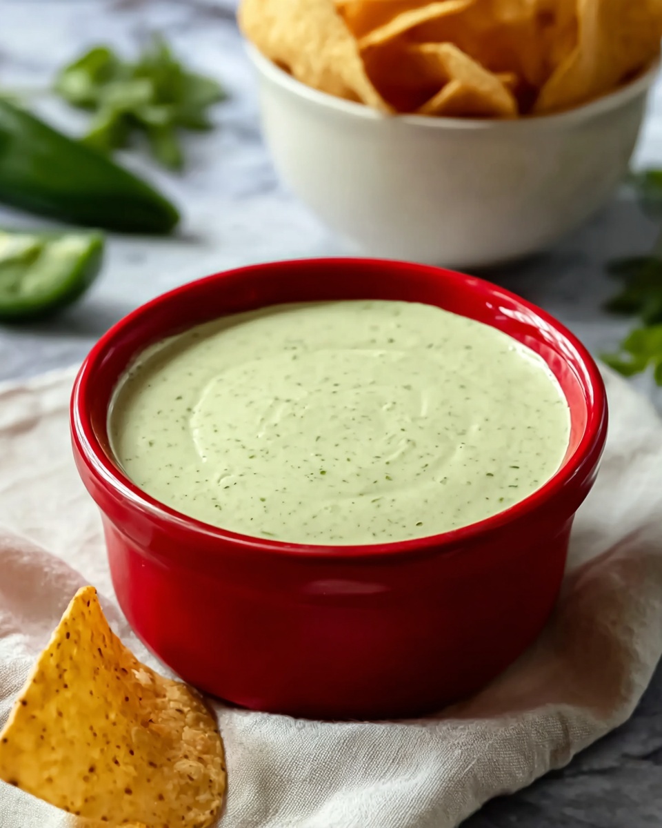 A smooth, pale green creamy dip with tiny green specks is seen in a bright red small pot with two side handles, placed on a white cloth on a white marbled surface. In the background, there is a white bowl filled with golden tortilla chips, with a slightly rough texture. Some fresh green jalapeños and cilantro leaves are also visible around the pot, adding a fresh touch to the scene. The lighting is natural and soft, highlighting the smooth texture of the dip. photo taken with an iphone --ar 4:5 --v 7