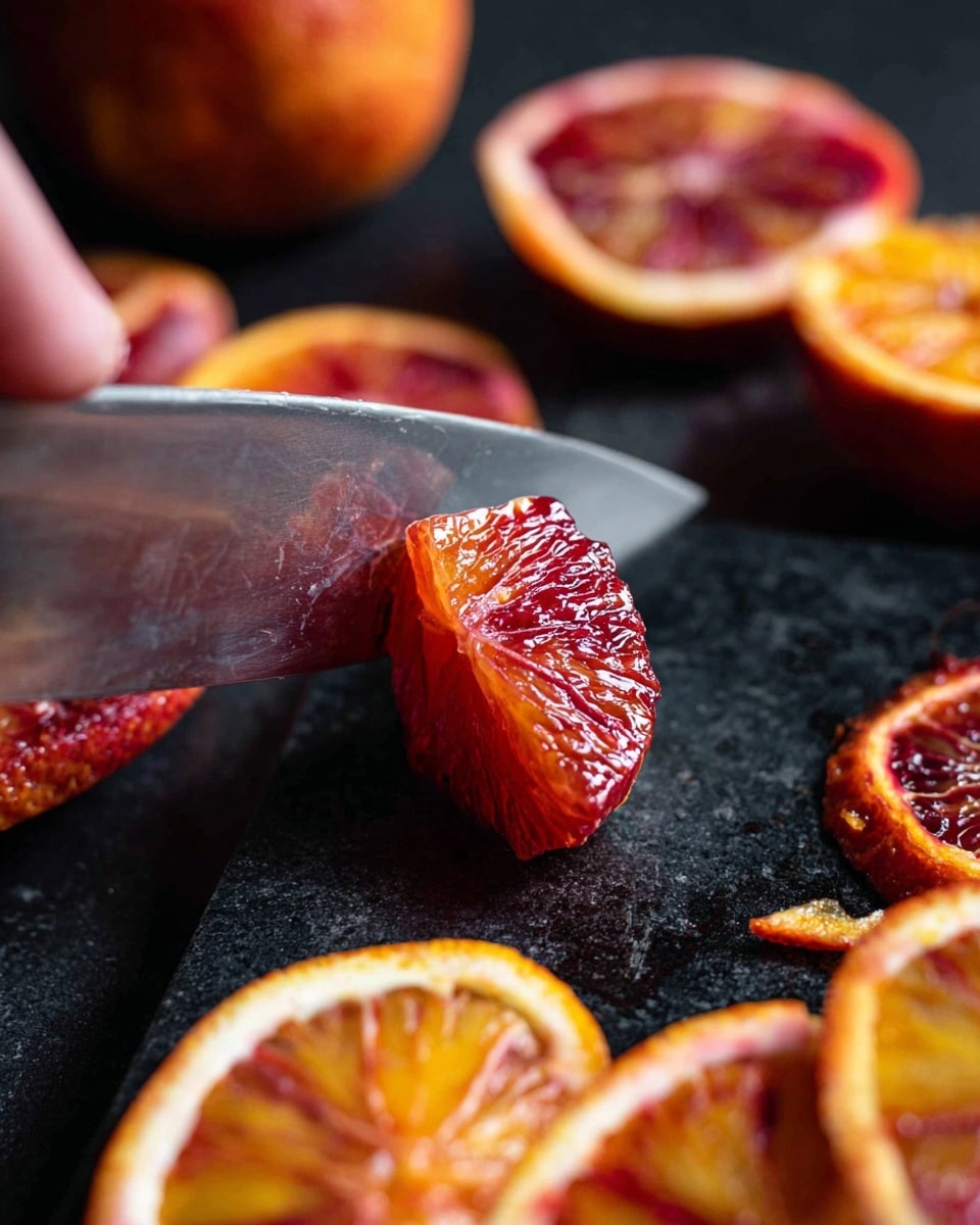 A woman's hand is holding a small juicy deep red-orange citrus fruit segment while slicing it with a sharp knife on a black cutting board. The fruit has a glossy texture with visible juicy pulp inside. Around the cutting board are thin slices and peels of the same citrus, showing a bright reddish-orange cross-section and white pith. The knife blade reflects the shiny fruit surface, creating a contrast between the deep rich colors of the fruit and the dark cutting background. Photo taken with an iphone --ar 4:5 --v 7
