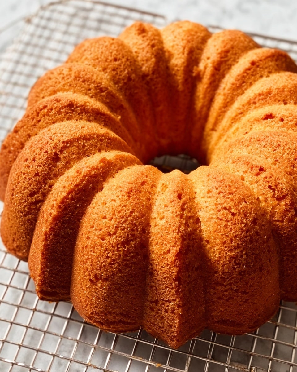 The image shows a golden brown bundt cake with a lightly rough texture, placed on a silver wire cooling rack set over a white marbled surface. The cake has evenly spaced deep ridges creating sharp, clean segments all around its circular shape. The top surface of the cake appears crisp with small visible crumbs and a slightly domed shape. There is no decoration or frosting on the cake, highlighting its simple baked exterior. Photo taken with an iphone --ar 4:5 --v 7