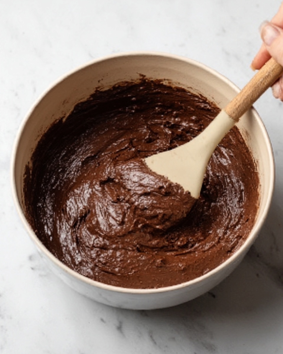 A white pot filled with thick, dark brown chocolate batter with a shiny and smooth texture, showing slight clumps on the surface. A wooden spoon with a cream-colored handle is partially dipped into the batter, held by a woman's hand. The background and surface feature a white marbled texture, giving a clean and bright feel to the scene. Photo taken with an iphone --ar 4:5 --v 7