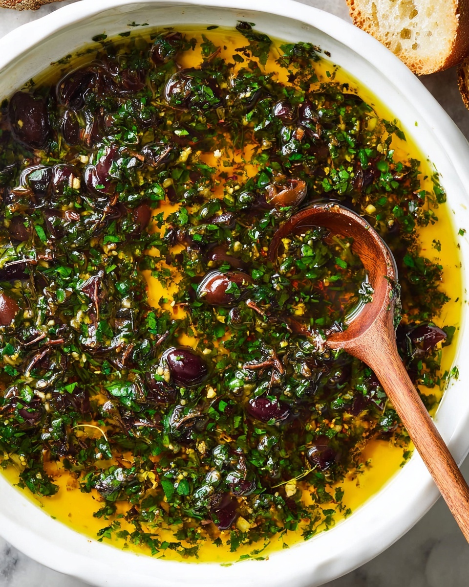 The image shows a white shallow bowl filled with a mixture of dark green fresh chopped herbs and dark purple olives in a golden yellow oil base that has a shiny texture. Scattered finely chopped herbs and pieces of olives spread evenly across the surface, giving a speckled and slightly chunky look. A small wooden spoon with a smooth finish rests on the right side of the bowl, partially submerged in the oily herb and olive mix. The bowl sits on a white marbled surface with a piece of bread slightly visible on the top right corner. photo taken with an iphone --ar 4:5 --v 7