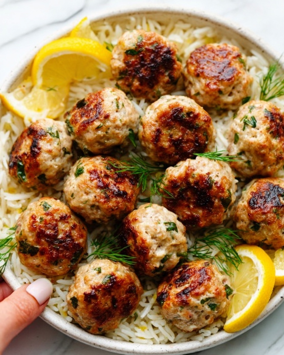 The image shows a white plate filled with round, browned meatballs that have a slightly crispy outer layer with small green herb pieces visible inside. The meatballs are arranged close together on a bed of white rice with thin green herb sprigs scattered throughout. There are lemon slices placed around the edge of the plate, adding a bright yellow contrast. A woman's hand is reaching in from the side, about to pick up a meatball. The plate sits on a white marbled surface. Photo taken with an iphone --ar 4:5 --v 7