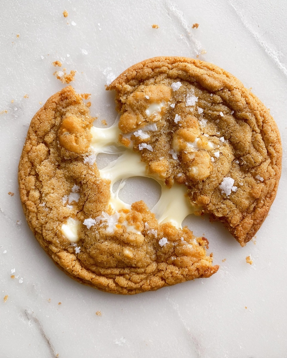 A soft, round cookie broken in half lies on a white marbled surface, showing melted white cheese stretching between the two uneven pieces. The cookie is a golden-brown color with a slightly rough texture and small chunks visible throughout. Coarse white salt crystals are scattered over the cookie's surface, adding a touch of sparkle. The cookie edges are crisp and a bit darker, while the center looks chewy and warm. Photo taken with an iphone --ar 4:5 --v 7