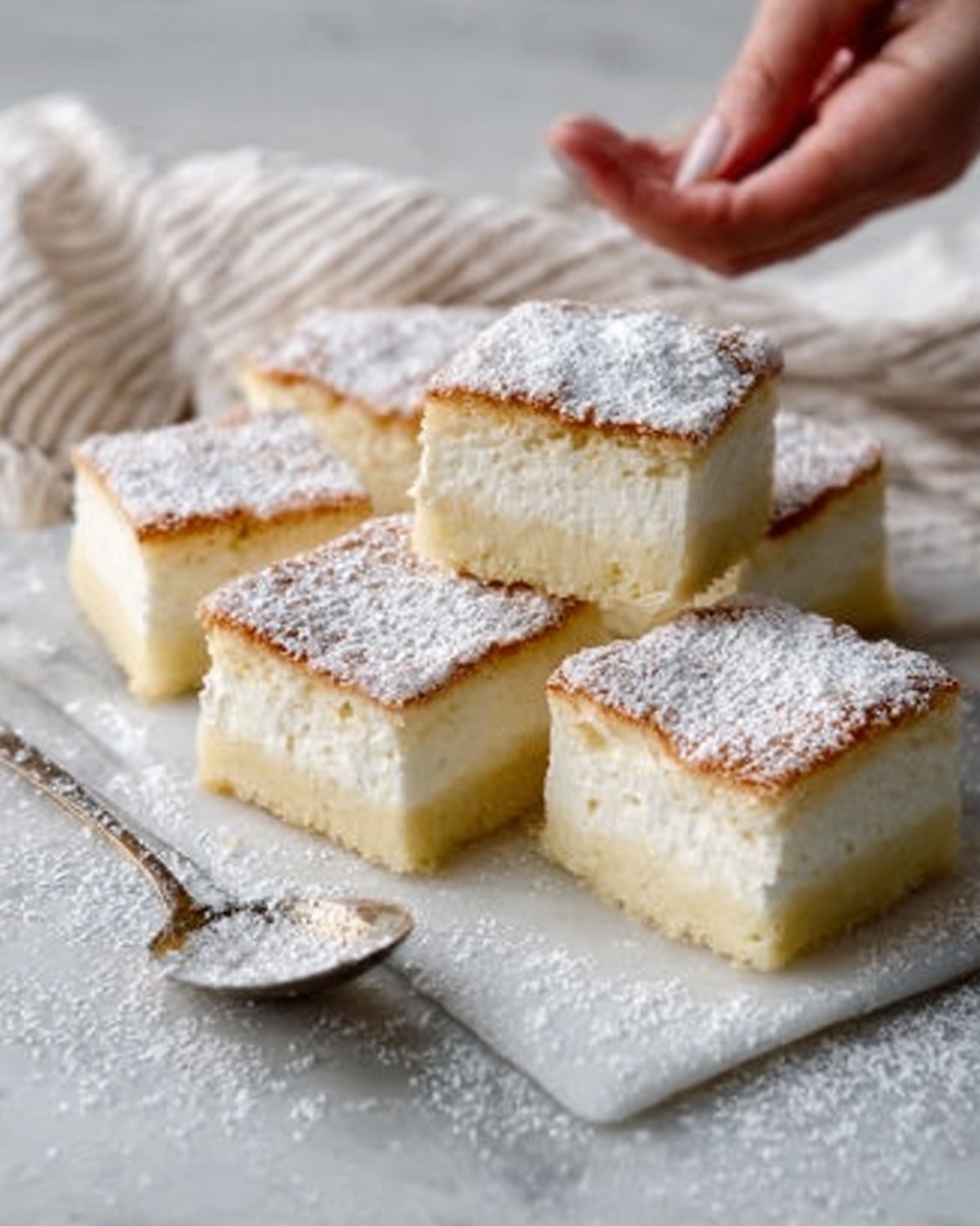 The image shows six square pieces of a creamy dessert arranged on a white marbled surface. Each piece has three layers: a thin, light golden-brown top layer dusted with powdered sugar, a thick middle layer of fluffy white cream, and a smooth, pale yellow bottom layer with a firm texture. A vintage metal spoon with powdered sugar rests beside the dessert, and a woman’s hand gently holds one piece in the background. A soft white cloth with faint stripes is partially visible behind the dessert. Photo taken with an iphone --ar 4:5 --v 7