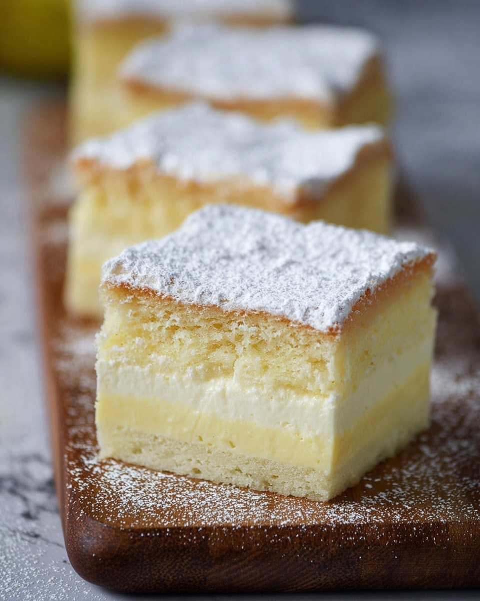 The image shows three square pieces of a layered dessert arranged in a line on a wooden board, each piece having three clear layers: a pale yellow creamy bottom layer, a slightly denser pale yellow middle layer, and a light golden sponge-like top layer dusted with white powdered sugar. The front piece is in sharp focus, showing texture details of the soft cake top and smooth creamy layers beneath, while the other two pieces blur softly into the background. The setting uses a shallow depth of field that highlights the dessert's layers and fine powdered sugar on top. The background and surface are replaced with a white marbled texture. photo taken with an iphone --ar 4:5 --v 7