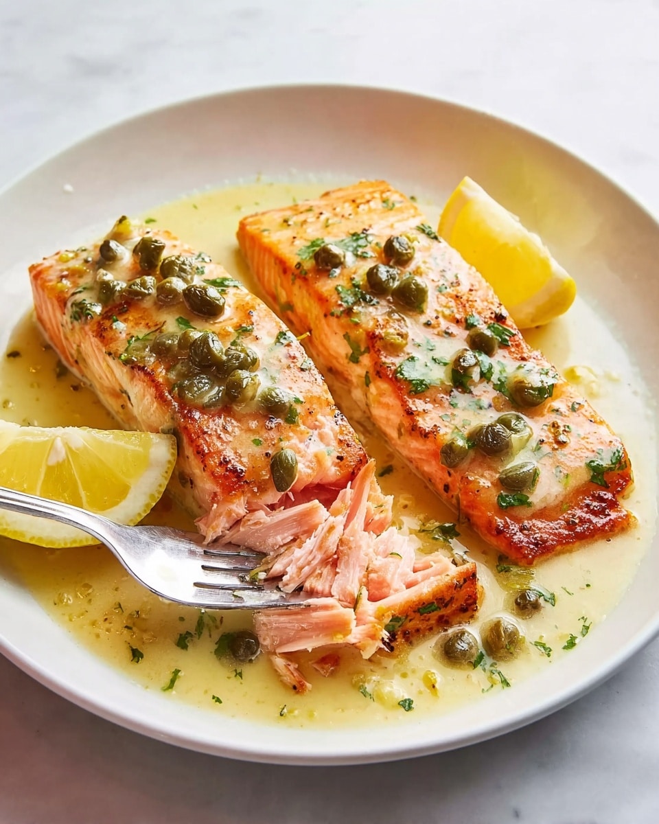 A white plate holds two pieces of cooked salmon with a light orange-pink color and a slightly crispy top layer. The salmon is covered with a sauce that is pale yellow with green capers and small bits of herbs spread evenly. One piece has a fork pressing into it, revealing the soft, flaky inside that is a deeper pink. Two lemon wedges sit on either side of the salmon. The plate is set on a white marbled surface. Photo taken with an iphone --ar 4:5 --v 7