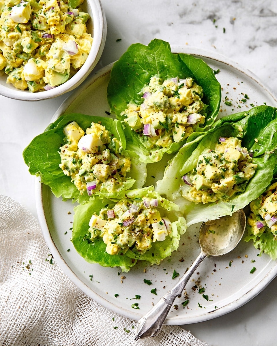 A white plate on a white marbled surface holds several bright green lettuce leaves arranged in a circle, each topped with a chunky mix of pale yellow egg pieces, light green avocado chunks, and small purple onion bits, sprinkled with finely chopped green herbs and black pepper. A white bowl filled with the same creamy egg and avocado mix, with a silver spoon inside, sits on the plate toward the back. A textured white cloth is partly visible at the bottom left corner. photo taken with an iphone --ar 4:5 --v 7