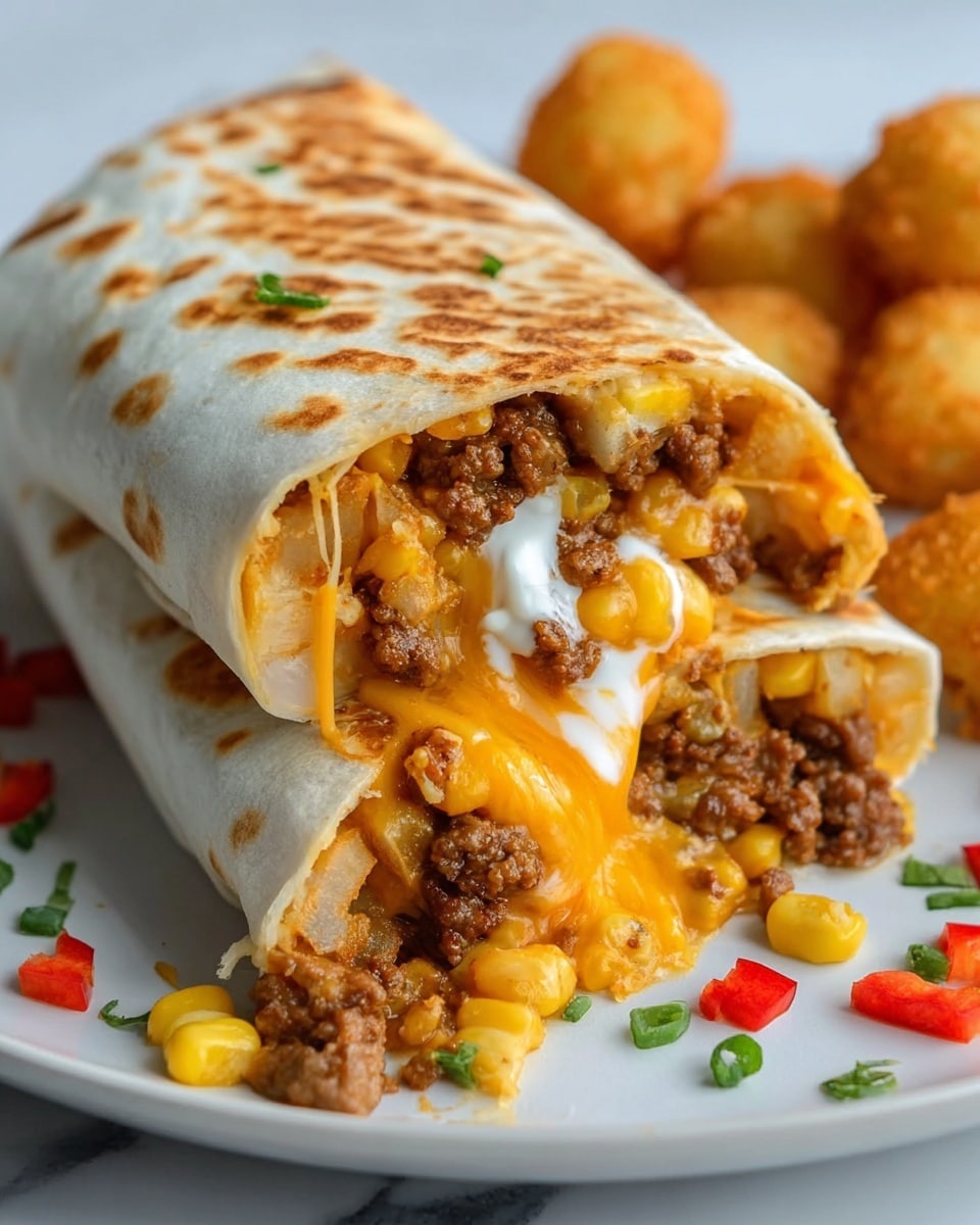 The image shows a close-up of a burrito cut in half and stacked, revealing layers inside. The outer layer is a white grilled tortilla with brown spots. Inside, there is a layer of cooked minced meat mixed with small yellow corn kernels, followed by melted orange cheddar cheese that stretches slightly out of the wrap. There is also a layer of white sour cream visible near the opening. Small fried potato balls are placed on the side of the white plate, which sits on a white marbled surface. Some finely chopped red and green peppers are scattered around the plate. photo taken with an iphone --ar 4:5 --v 7
