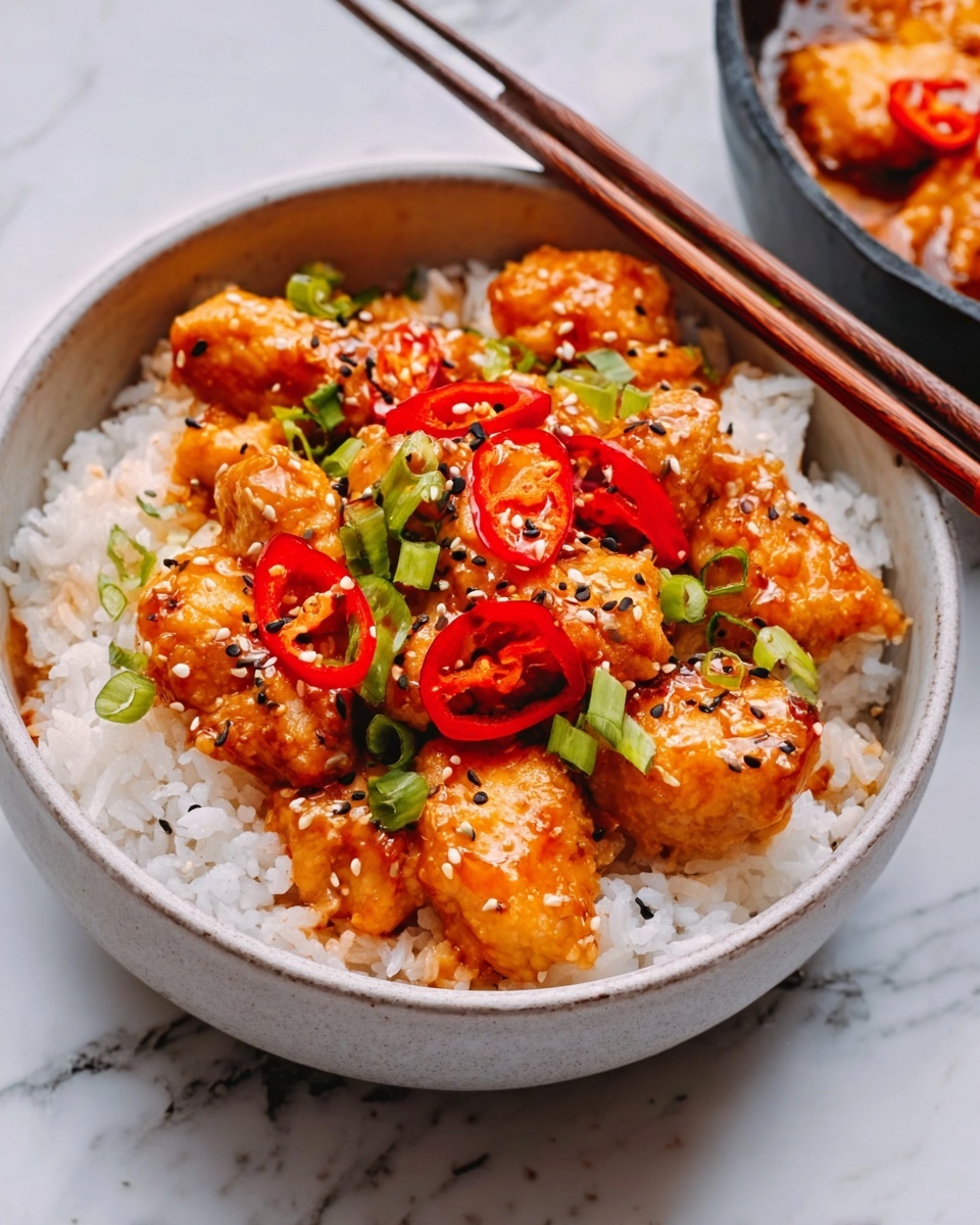 The image shows a bowl with two layers: the bottom layer is white steamed rice with soft texture, and the top layer is pieces of cooked chicken coated in a shiny orange sauce, sprinkled with sesame seeds and chopped green onions. Sliced red chili peppers are placed on top of the chicken, adding bright color contrast. A pair of wooden chopsticks rests on the edge of the bowl. The bowl is white and sits on a white marbled surface. Photo taken with an iphone --ar 4:5 --v 7
