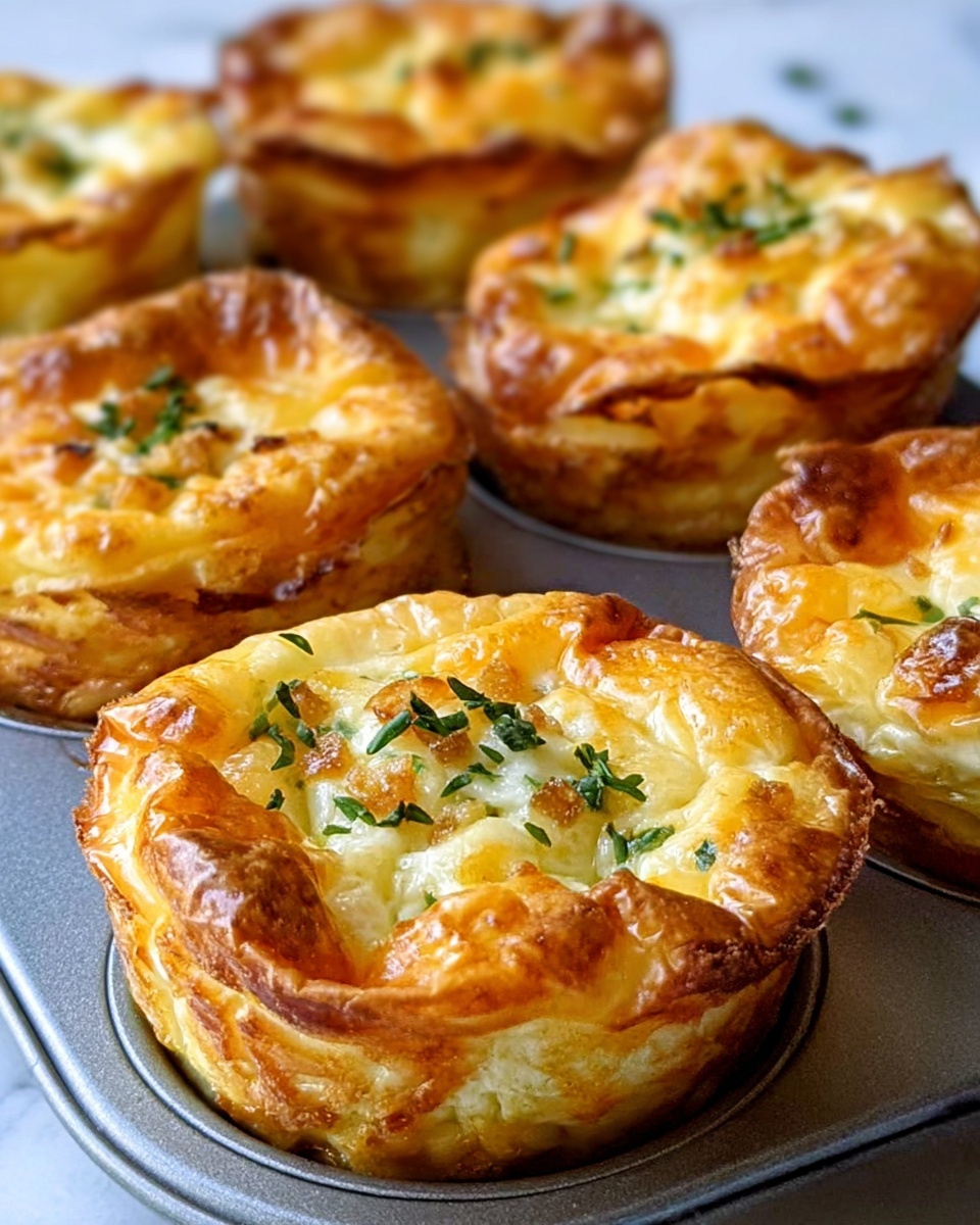 The image shows six golden brown egg muffins baked in a silver muffin pan, each topped with small green herb pieces and tiny crunchy bits. The muffins have a slightly crispy outer layer with a soft, fluffy inside. The tops look shiny and lightly browned, with a creamy orange cheese layer melting on top. The muffins are arranged close together with a white marbled surface beneath. The focus is sharp, showing details of the texture and herbs. photo taken with an iphone --ar 4:5 --v 7