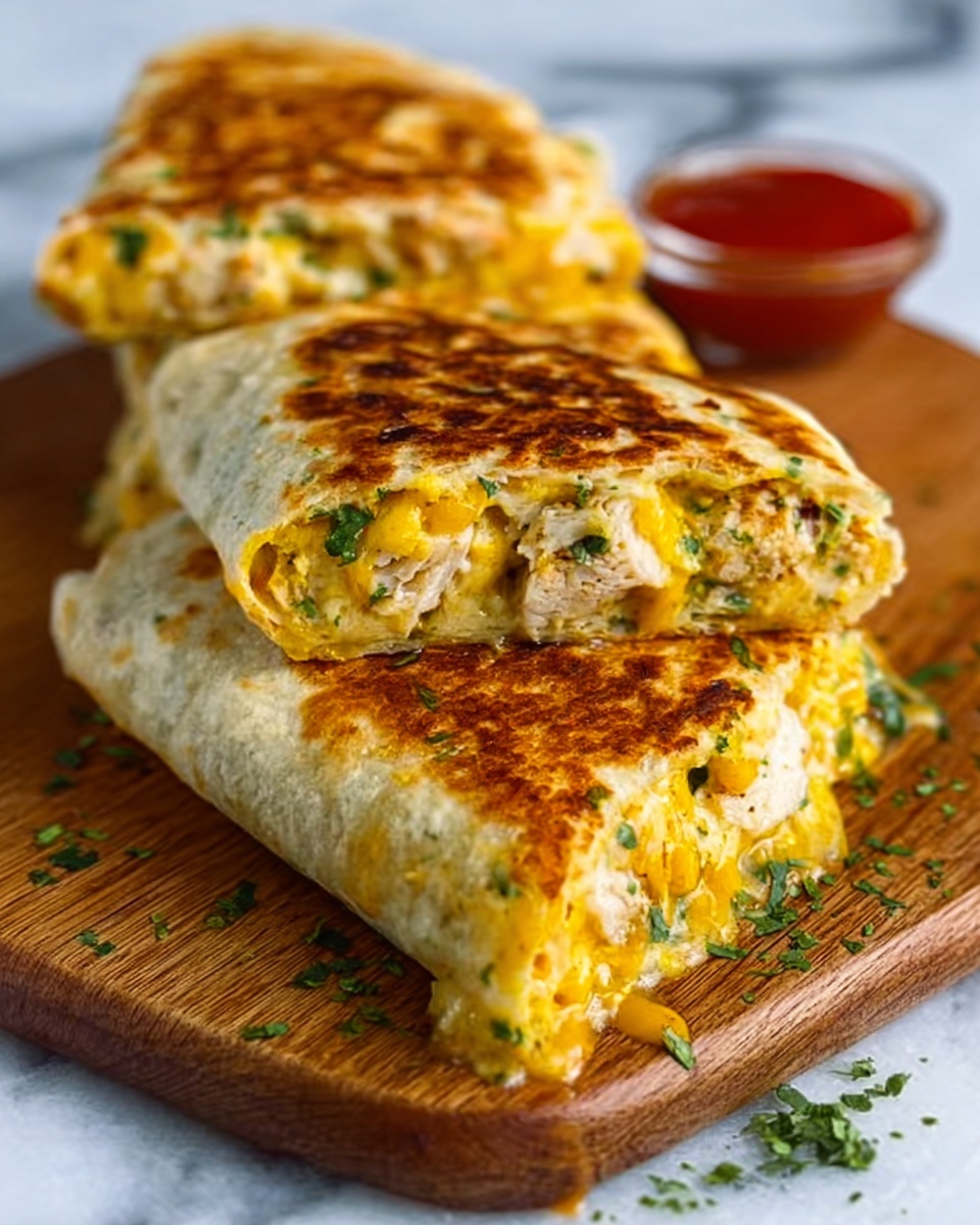The image shows two stuffed tortillas placed on a wooden board on a white marbled surface. Each tortilla is golden brown with a crispy toasted texture on the outside. One tortilla is folded and cut in half, showing layers inside filled with melted yellow cheese, small pieces of chicken, and green herbs mixed together. There is a small amount of red sauce in the background on the right side. Green herb pieces are scattered around on the wooden board near the tortillas. photo taken with an iphone --ar 4:5 --v 7