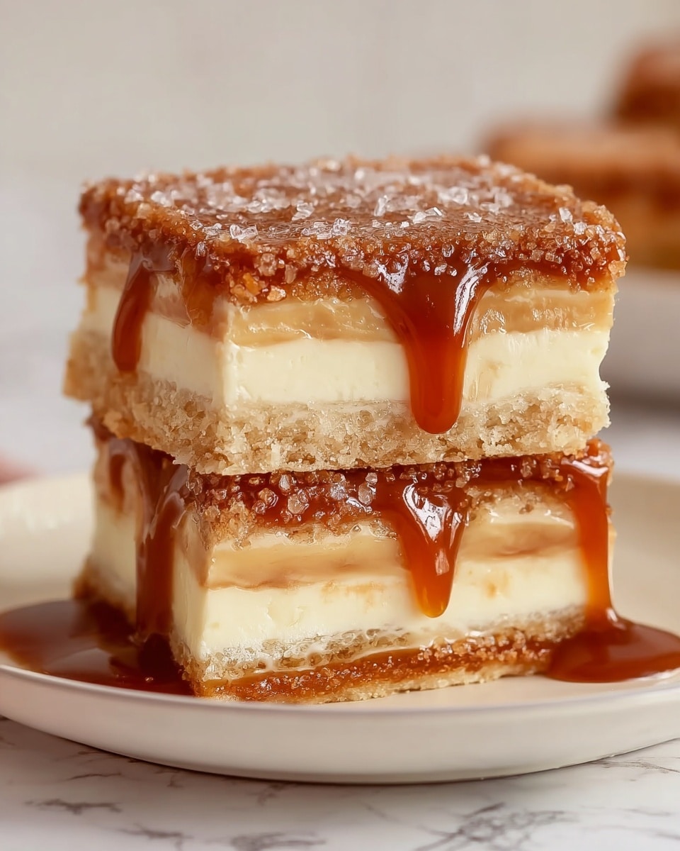 The image shows two square pieces of dessert stacked on a white plate with a white marbled surface in the background. Each piece has three layers: a light brown crunchy top with sugar crystals, a thick creamy beige middle layer, and a similar light brown crunchy bottom layer. Rich, glossy caramel sauce drips generously over the top and down the sides of the stacked pieces, adding a shiny, sticky texture. The overall look is soft and crunchy with a warm, inviting color palette. photo taken with an iphone --ar 4:5 --v 7