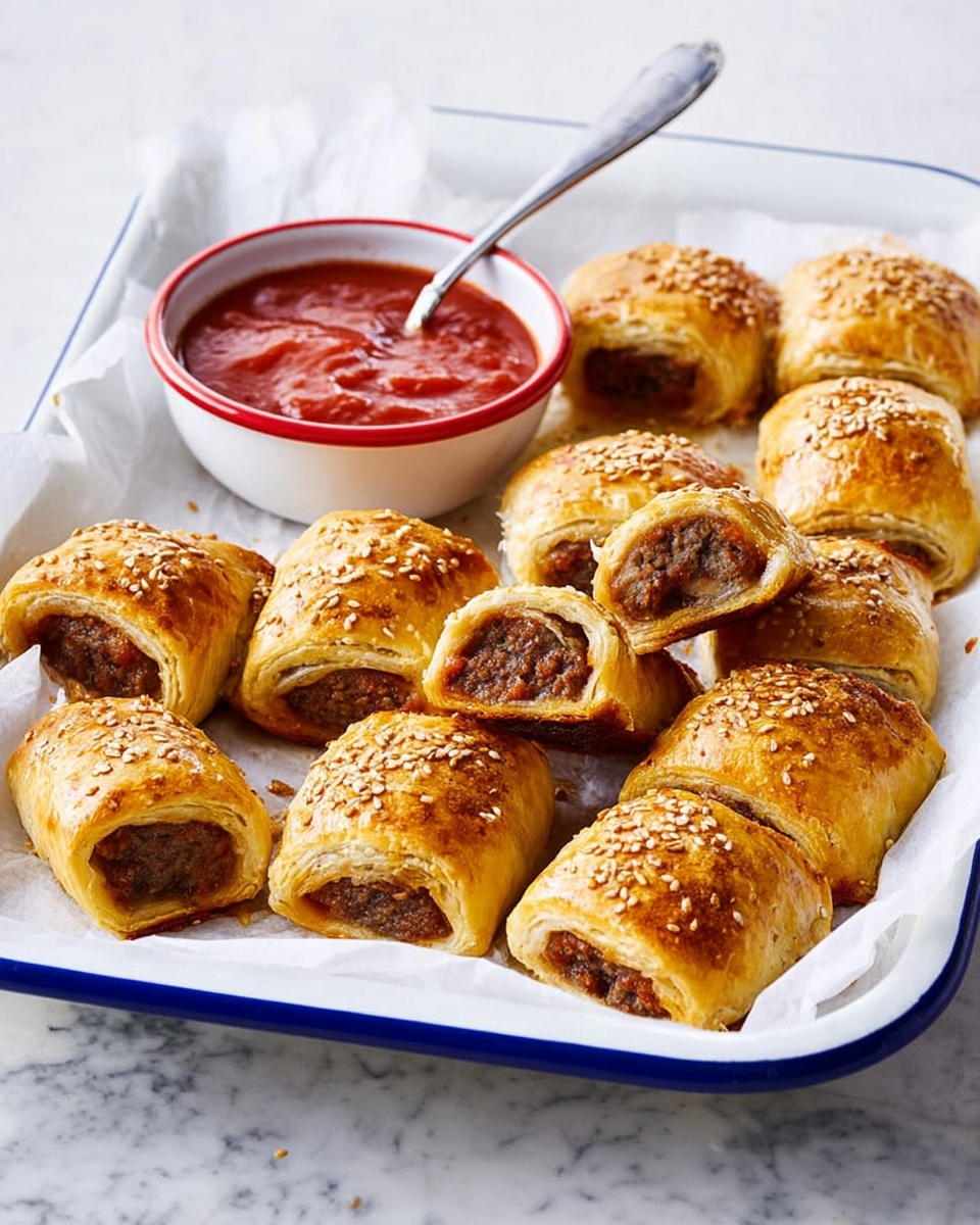 The image shows a white tray with a blue rim, lined with white parchment paper, filled with golden-brown sausage rolls arranged in three rows. Each sausage roll is cut in half, revealing a dark brown meat filling inside a flaky, slightly shiny pastry crust sprinkled with small seeds on top. At the back of the tray is a small white bowl with a red rim, filled with thick red dipping sauce. A silver spoon rests inside the bowl, its handle extending outwards. The whole scene sits on a white marbled surface. Photo taken with an iphone --ar 4:5 --v 7