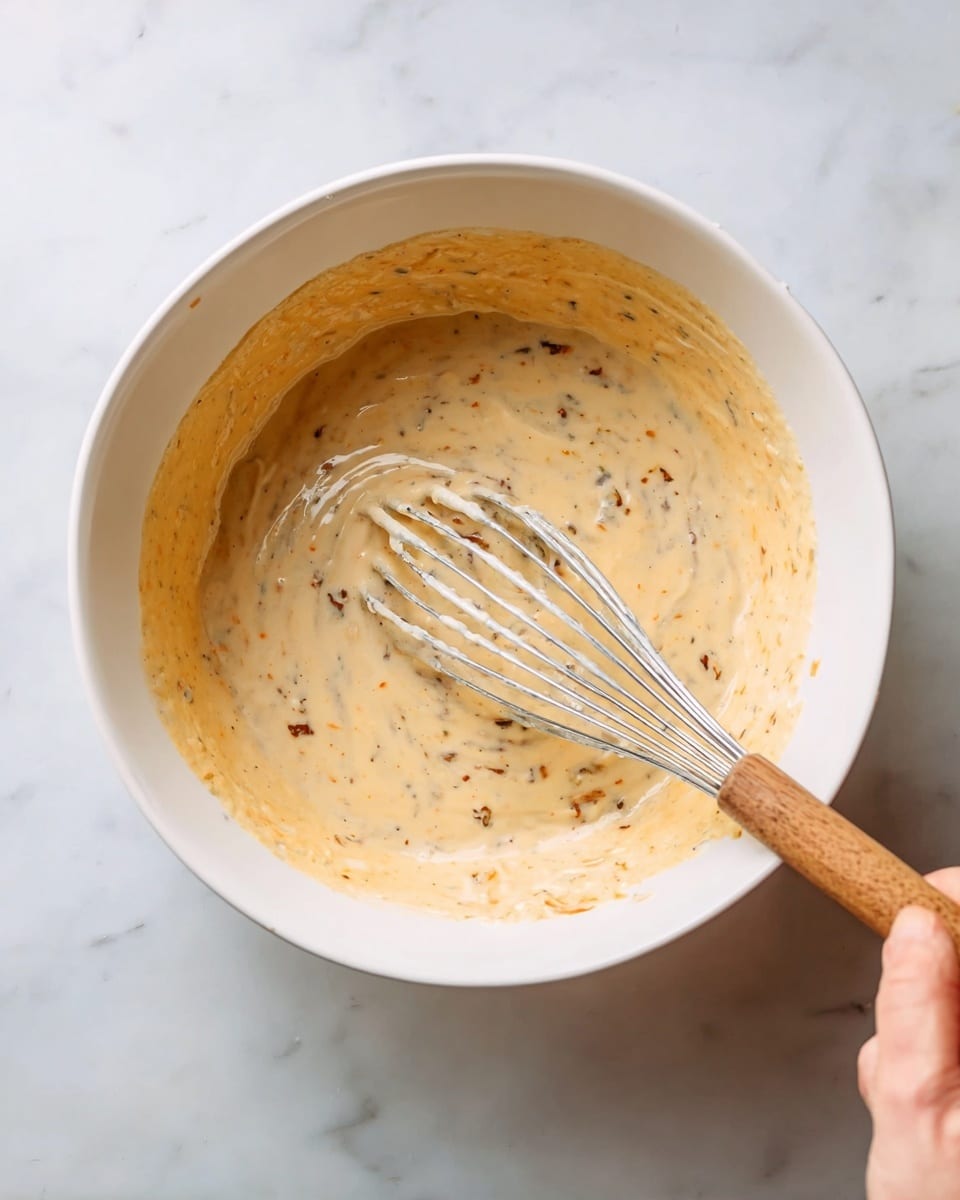A white bowl filled with a thick, creamy batter that is light beige in color with small dark brown and orange specks mixed in evenly. The batter coats the sides of the bowl, showing a smooth texture with some thicker bits. A metal whisk with a wooden handle is partially dipped in the batter, held by a woman's hand in the bottom right corner. The bowl sits on a white marbled surface, adding a clean and bright background. photo taken with an iphone --ar 4:5 --v 7