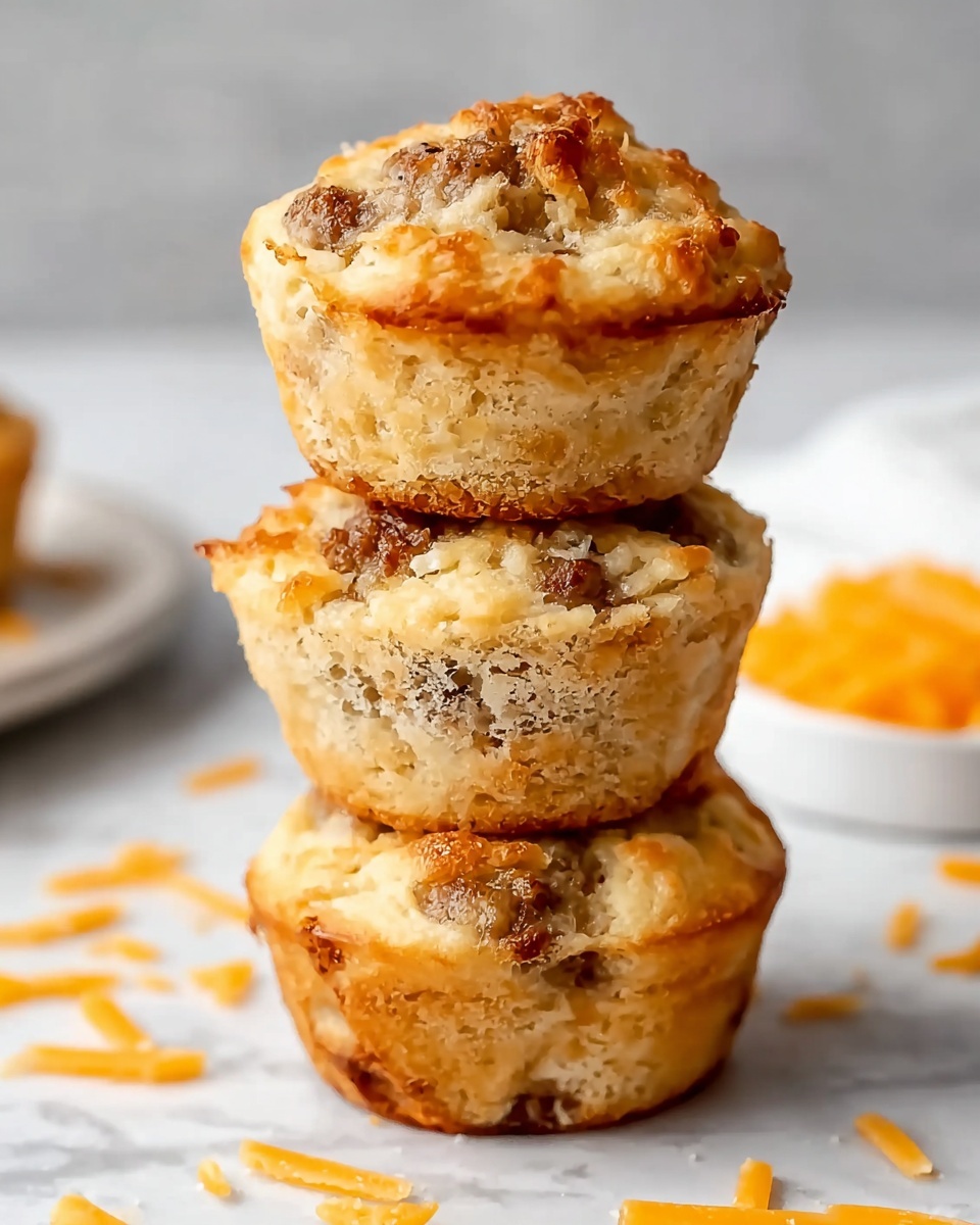 Three sausage muffins stand stacked on a white marbled surface with small pieces of shredded orange cheese scattered around. Each muffin shows a golden-brown crust on top and sides with visible bits of sausage inside the soft, light beige dough. The muffins have a slightly rough texture from baking, and the top muffin shows a crumbly, uneven peak. In the background, there is a white plate blurred out, adding depth to the image. photo taken with an iphone --ar 4:5 --v 7