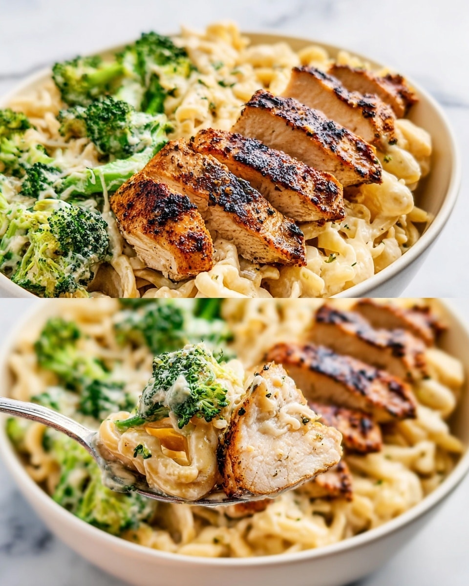 The image shows a white bowl filled with creamy pasta and bright green broccoli pieces. On top of the pasta, there are several slices of grilled chicken with a golden brown, slightly charred surface and visible herbs. The pasta is coated in a light creamy sauce, and the broccoli adds a fresh green contrast. A spoon is holding a small portion of pasta, broccoli, and a piece of chicken, showing the textures clearly. The bowl sits on a white marbled surface. Photo taken with an iphone --ar 4:5 --v 7