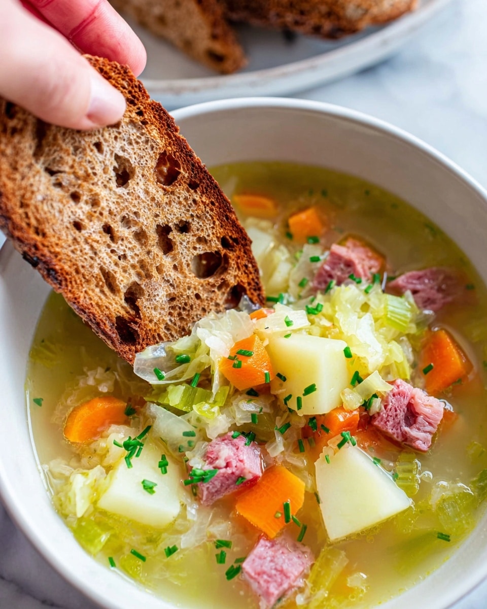 A close-up shows a white bowl filled with clear soup containing several layers: the base is a light yellow broth, floating on top are bright orange carrot cubes, pale green celery pieces, and white potato chunks, mixed with shredded pink meat and bits of light green cabbage. Chopped green herbs are sprinkled over the soup. A woman's hand is holding a piece of brown toasted bread with visible holes, dipping it into the soup. The bowl sits on a white marbled surface. photo taken with an iphone --ar 4:5 --v 7