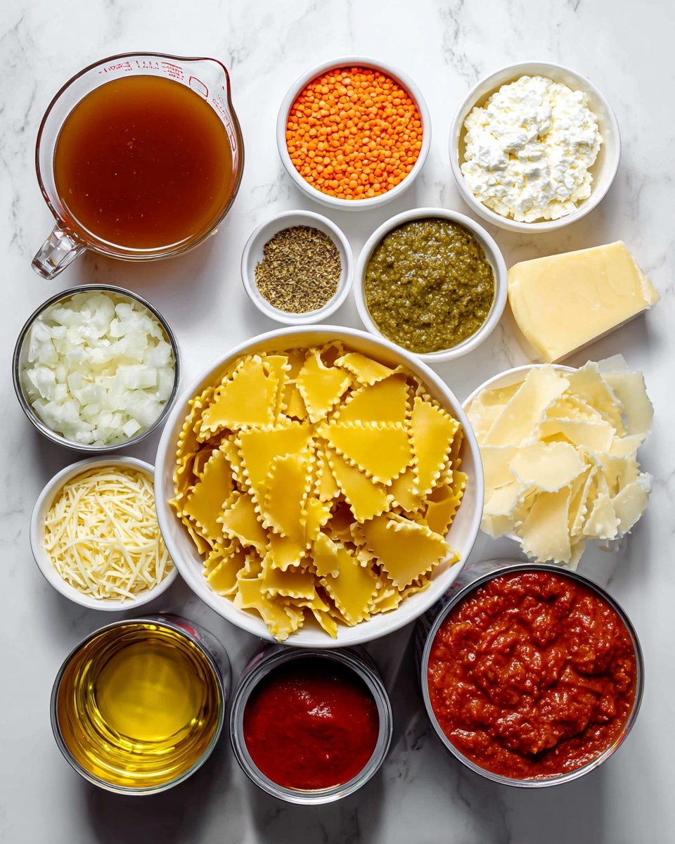The image shows a white marbled surface with various ingredients arranged neatly. In the center, there is a white bowl filled with wide, flat, yellow lasagna noodles with ruffled edges. To the left of this bowl, there is a large clear glass measuring cup filled with brown broth and a small white bowl with diced white onions below it. Above the onions are two small white bowls, one with orange lentils and the other with a mix of dried herbs and minced garlic. Above the noodles, a small white bowl contains green pesto sauce, and next to it is a clear bowl with pale yellow cheese slices. To the right of the noodles, a white bowl contains white ricotta cheese, and there is a smaller white bowl with shredded yellow cheese above it. Below the shredded cheese are two open cans filled with chunky red tomato sauce. Next to the cans, a small clear bowl holds golden olive oil, and another clear bowl below that has red tomato paste. Everything is placed carefully on the white marbled surface, ready for cooking photo taken with an iphone --ar 4:5 --v 7