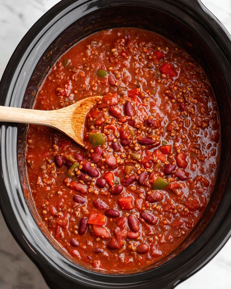 A close-up view of a black slow cooker filled with thick red chili that has visible layers of red beans, lentils, and pieces of red and green bell peppers cooked in a rich tomato sauce. A wooden spoon with a light brown handle rests inside, partly dipped in the chili. The slow cooker is placed on a white marbled surface. Photo taken with an iphone --ar 4:5 --v 7