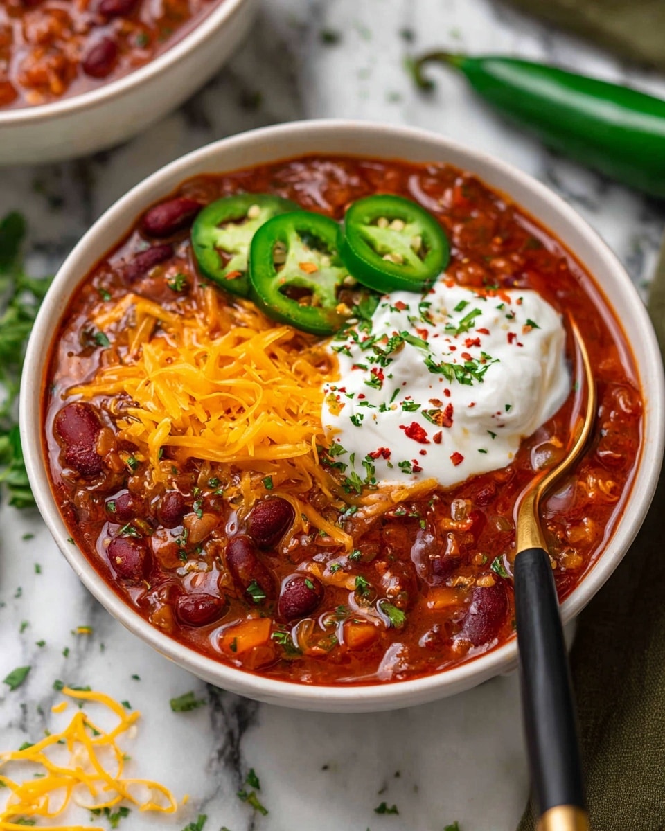 The image shows a white bowl filled with thick red chili, mixed with kidney beans, lentils, and diced vegetables like onions and carrots. On top, there are three slices of green jalapeño peppers arranged on the chili, a scoop of white sour cream sprinkled with green herbs and red chili flakes, and a small heap of shredded orange cheddar cheese melting slightly. A black spoon with a gold handle is placed inside the chili on the right side of the bowl. The bowl is set on a white marbled surface with a green chili pepper and some scattered green herbs visible nearby. Photo taken with an iphone --ar 4:5 --v 7