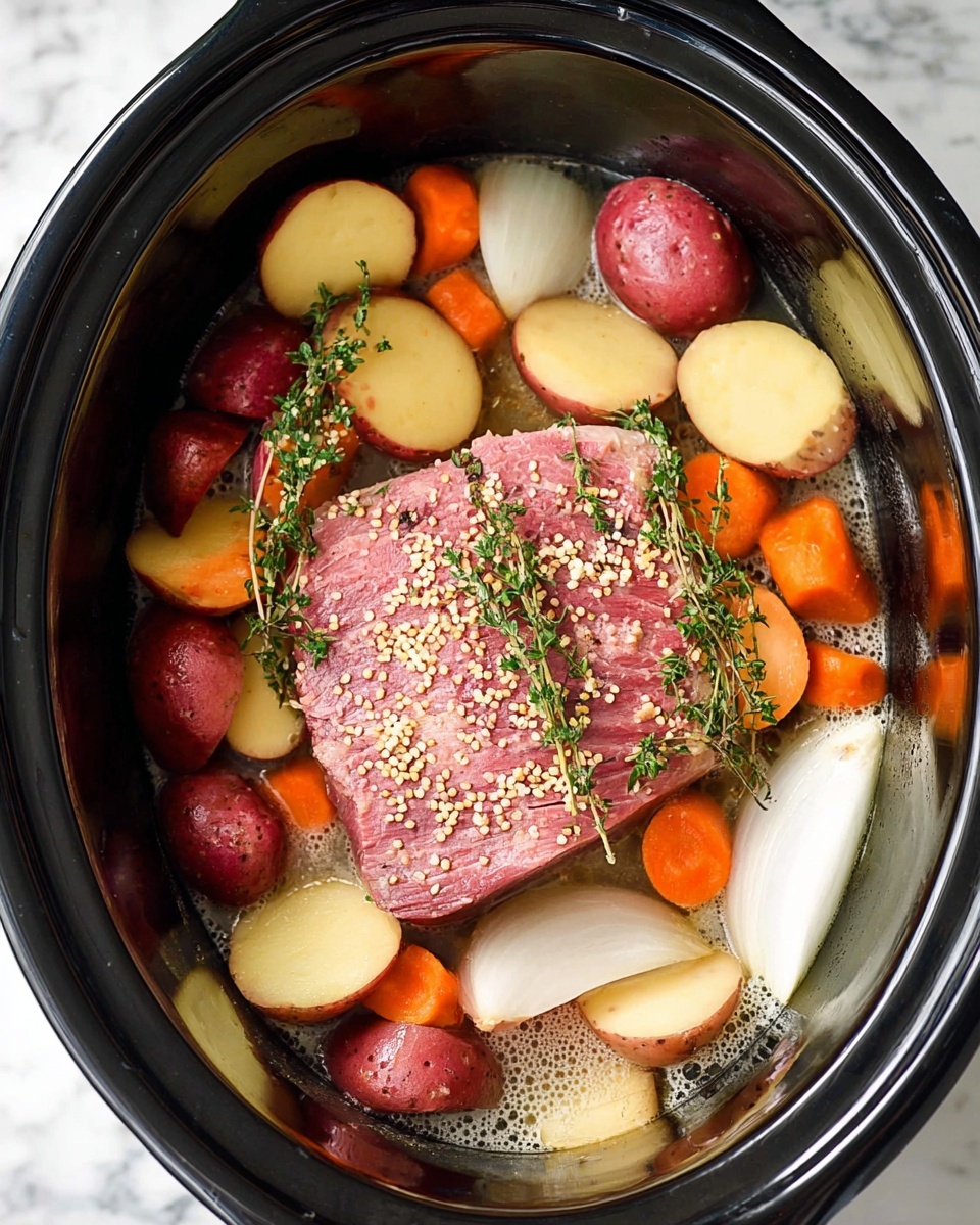 Inside a black slow cooker, a single thick piece of raw pink meat sits in the center, surrounded by many small whole and halved red potatoes with smooth skins and cream-colored insides. Around the meat and potatoes are chopped thick orange carrots and yellow carrots, giving pops of bright color. There are also large white onion wedges scattered among the vegetables. Tiny pale mustard seeds are sprinkled over the meat and vegetables, with small green thyme sprigs laid on top, some resting on the meat and others on the vegetables. A light frothy liquid mainly covers the bottom of the cooker, with bubbles visible near the edges. The cooker rests on a white marbled surface. photo taken with an iphone --ar 4:5 --v 7