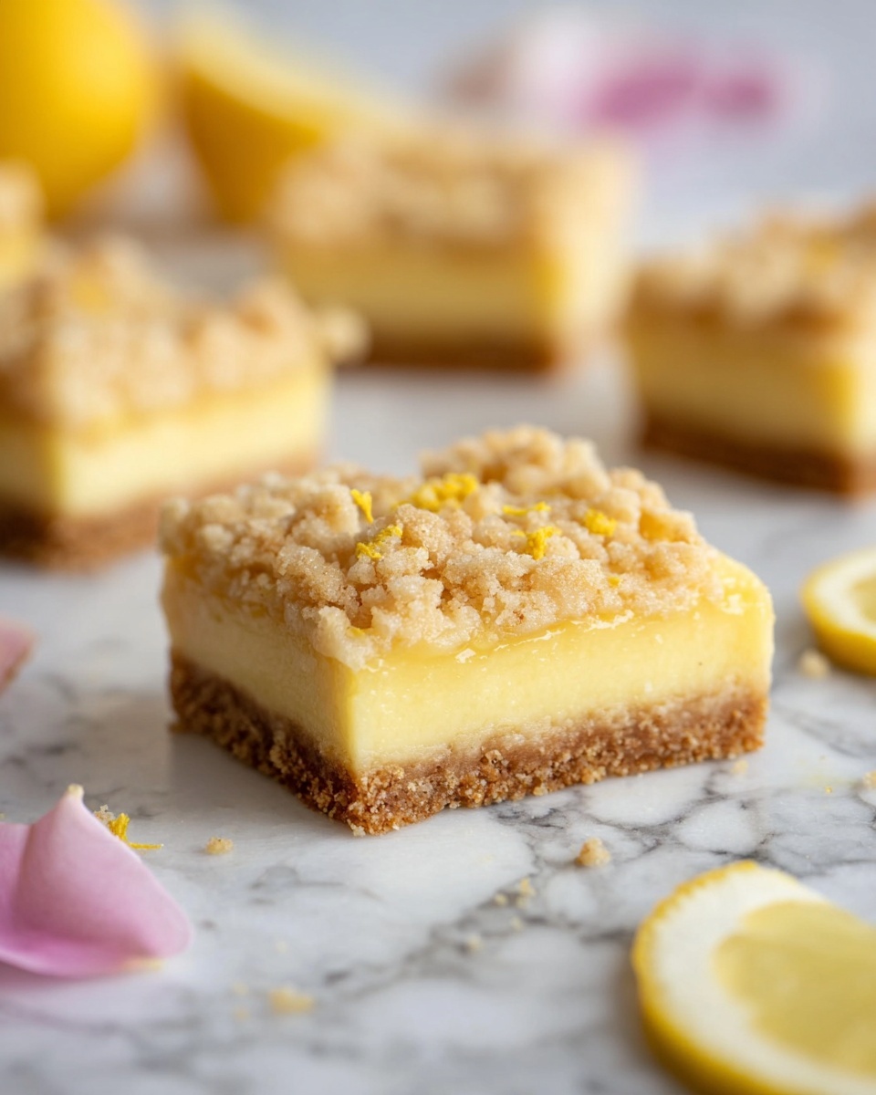 A square lemon dessert bar is shown on a white marbled surface, with a crumbly light brown crust bottom, a thick smooth yellow lemon filling in the middle, and a top layer of crumbly streusel with small golden pieces. In the background, there are blurred wedges of lemon and other dessert bars scattered around, with soft pastel pink flower petals near the edges. The lighting is soft and natural, highlighting the creamy texture of the lemon filling. photo taken with an iphone --ar 4:5 --v 7
