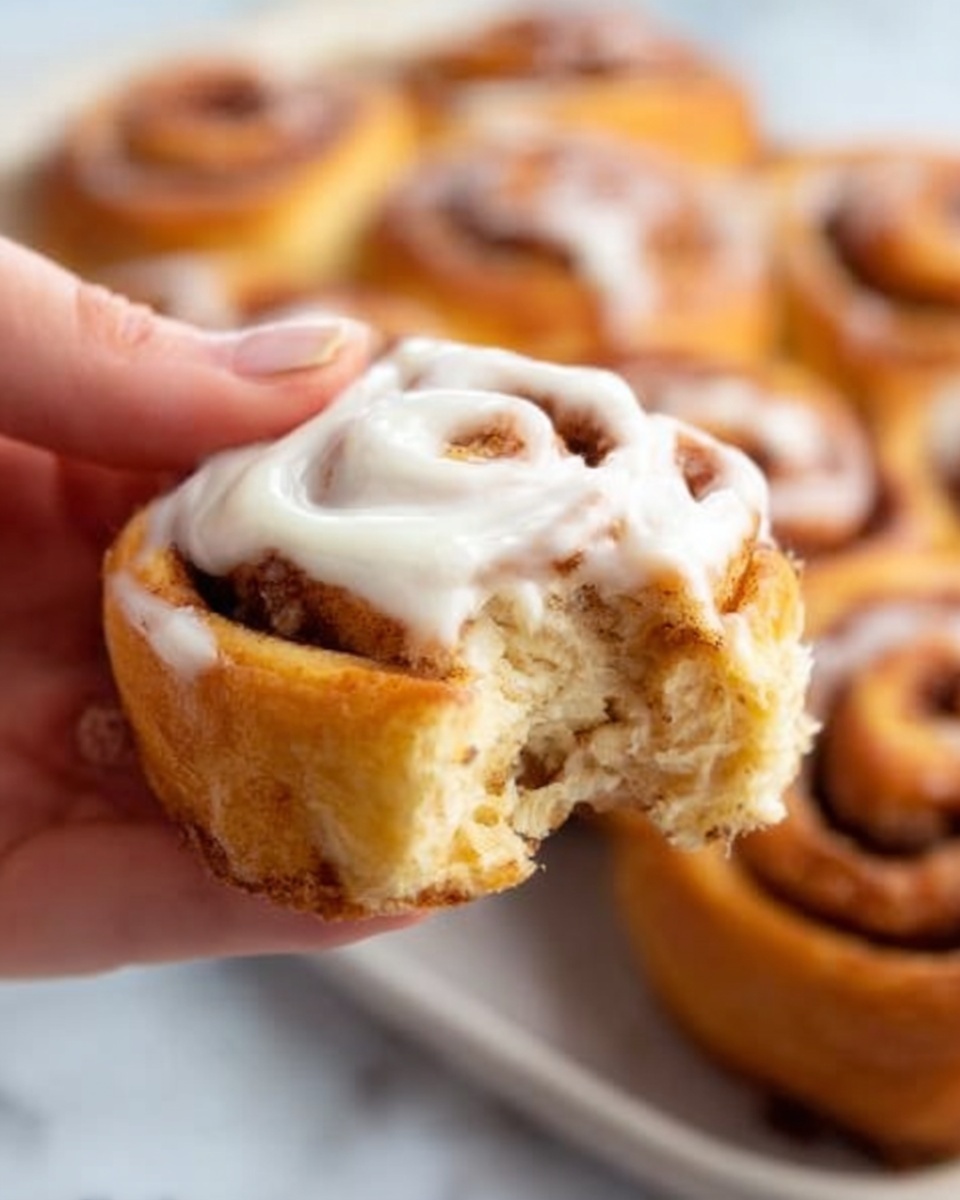 A close-up of a woman's hand holding a cinnamon roll with a bite taken out, showing the soft, light brown inside with swirls of cinnamon; the top of the roll is covered with white creamy icing that looks smooth and slightly thick. In the background, multiple cinnamon rolls with a golden brown color are placed on a white marbled surface. photo taken with an iphone --ar 4:5 --v 7