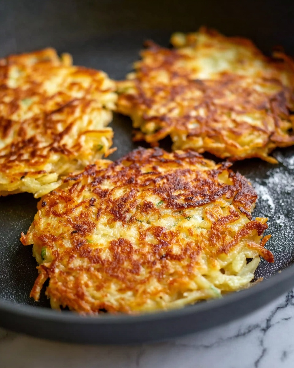The image shows three golden brown potato pancakes cooking in a black pan. Each pancake has a rough round shape with crispy edges and a chewy texture made from shredded potatoes. The pancakes have a mix of light yellow and golden brown colors with some darker browned spots where they are crispier. The surface beneath is a white marbled texture blurred out in the background. Photo taken with an iphone --ar 4:5 --v 7
