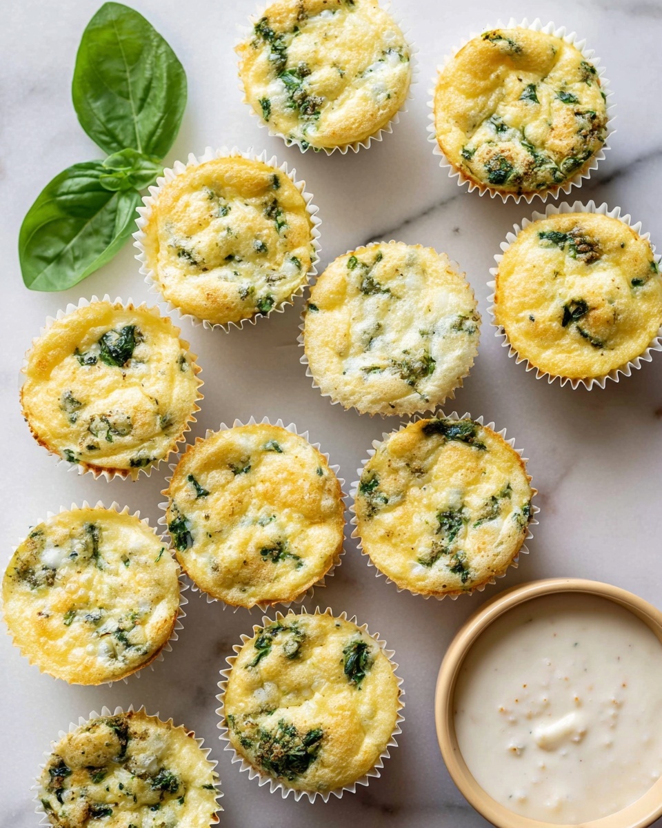The image shows eleven small egg muffins arranged closely on a white marbled surface. Each muffin has a soft, slightly puffed texture with a light yellow base color mixed with green spinach bits and some areas of light golden brown where they are lightly baked. They are placed in white paper liners that have a fluted edge. On the right side, there is a beige bowl holding a creamy white dipping sauce with a slightly lumpy texture. On the left side of the muffins, there are two fresh green basil leaves adding a pop of color. The overall scene looks bright and fresh with soft natural light. photo taken with an iphone --ar 4:5 --v 7