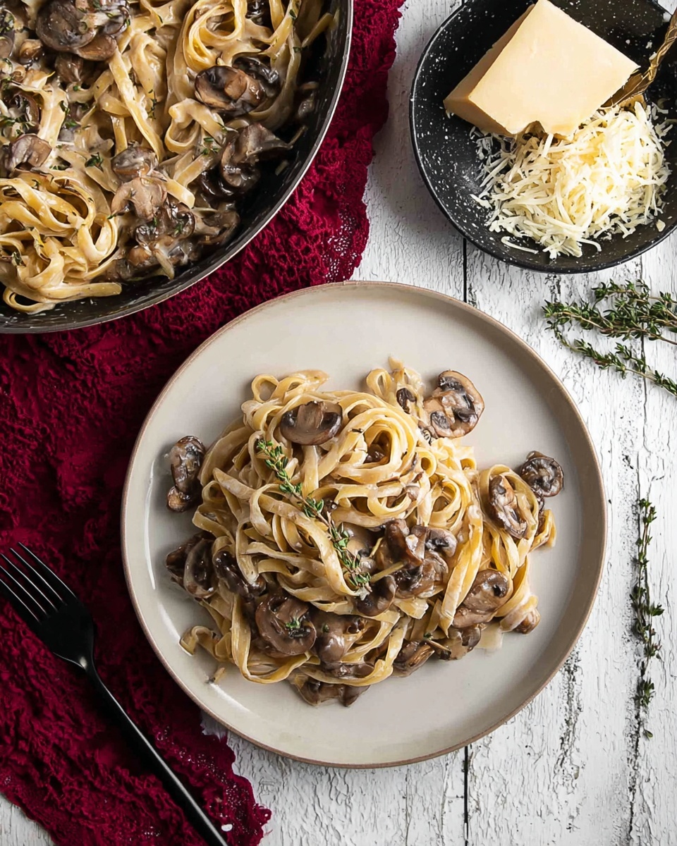 The image shows a white plate filled with creamy fettuccine pasta. The pasta is arranged in small piles, with light beige noodles mixed with pieces of cooked mushrooms that are dark brown and tender. The creamy sauce gives a smooth, shiny texture coating both the noodles and mushrooms. The plate is placed on a white marbled surface, and the background shows a blurred bowl containing a white sauce. Photo taken with an iphone --ar 4:5 --v 7