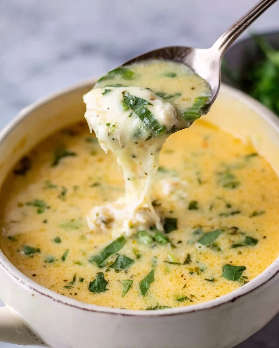 A white bowl filled with a creamy yellow soup containing soft white cheese pieces and thin yellow strips, topped with chopped green herbs and a dollop of white cream with black pepper on it. A spoon rests inside the bowl, and the bowl is placed on a white marbled surface with some green herb leaves visible on the side. Photo taken with an iphone --ar 4:5 --v 7