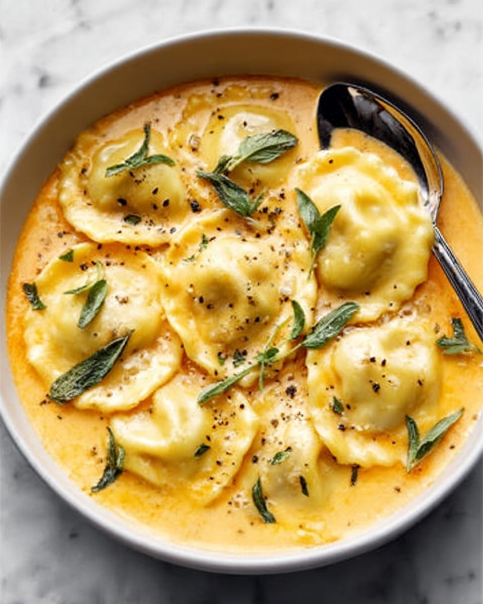 This image shows a white bowl filled with ravioli in a creamy orange sauce. There are about eight ravioli pieces, each light yellow with soft, slightly wrinkled edges floating on top of the sauce. The sauce looks smooth and thick, with small green herb leaves scattered across it. The edges of the bowl and a spoon resting inside are shiny, and the background is a white marbled surface. photo taken with an iphone --ar 4:5 --v 7