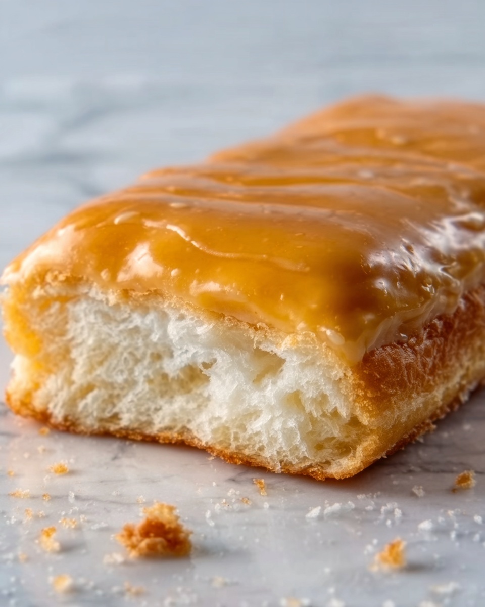The image shows a close-up of a rectangular pastry with a golden-brown glazed top layer that looks smooth and shiny. The middle layer is visible as a soft, fluffy white inside with an airy texture. The pastry sits on a white marbled surface with a few small crumbs around it. Photo taken with an iphone --ar 4:5 --v 7