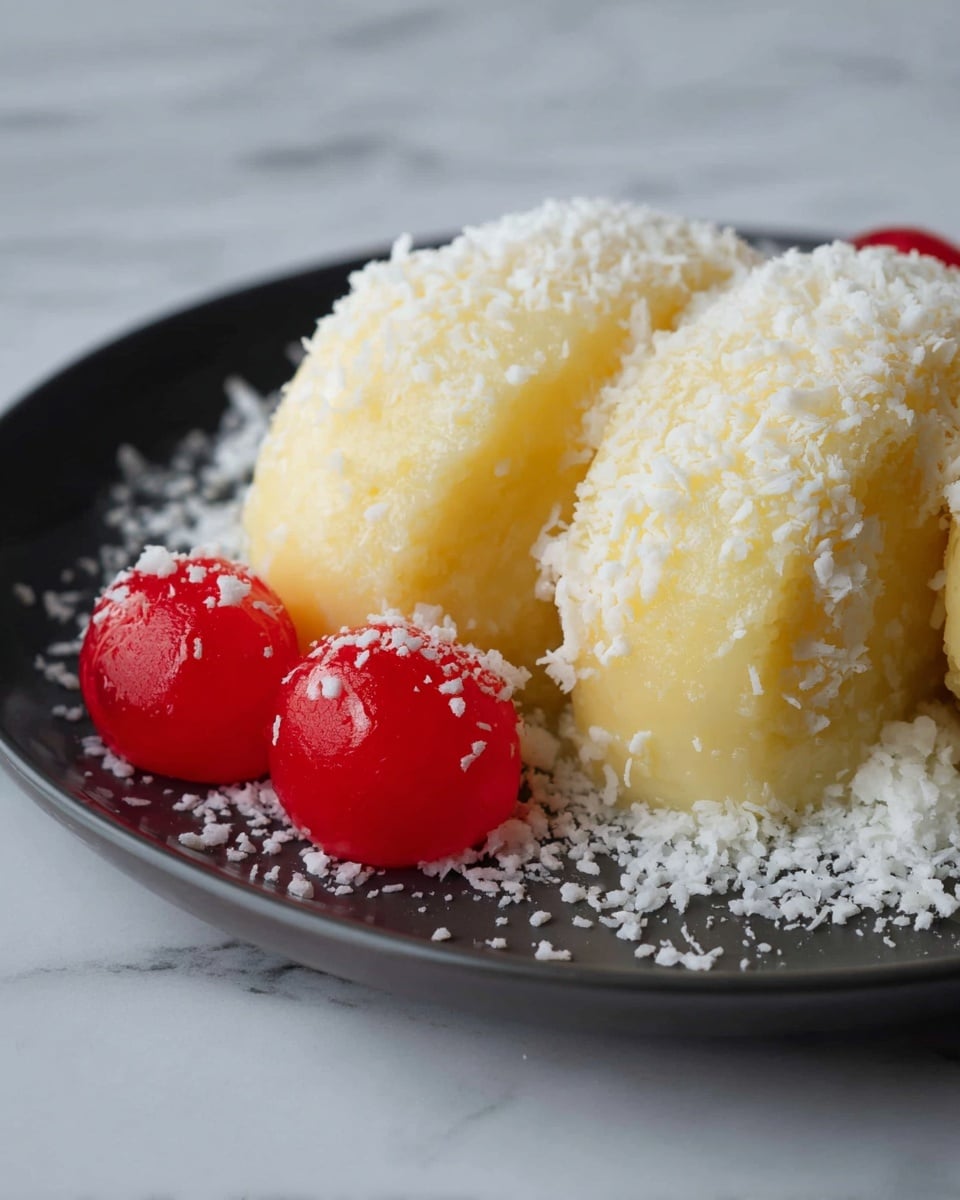 The image shows a close-up of a dessert made of three oval-shaped, light yellow pieces with a soft, smooth texture, covered with a layer of white, fine coconut flakes. These are placed on a dark plate that contrasts with the dessert. At the front bottom left, there are three bright red, shiny round cherries with a glossy surface, sprinkled lightly with coconut flakes. The plate sits on a white marbled surface, adding a clean and elegant background. Photo taken with an iphone --ar 4:5 --v 7