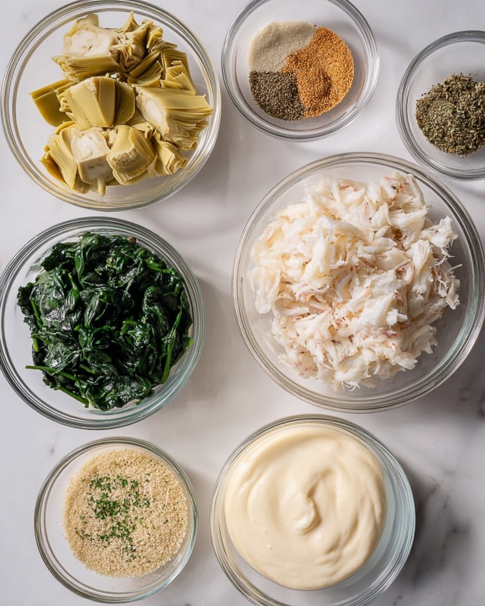 The image shows six clear glass bowls placed on a white marbled surface, each containing different ingredients. Starting from the top left, the first bowl has chopped artichoke hearts in light yellow and green shades. To the right of it, a small bowl holds a mix of dry spices including light brown granules and some dark green herbs. Below that, there is a medium bowl filled with shredded white crab meat. At the bottom left, a bowl contains cooked spinach, deep green in color with a soft texture. In the middle, a bowl holds fine light beige breadcrumbs sprinkled with small green herbs. Lastly, on the bottom right, a bowl contains creamy, off-white mayo with a thick consistency. photo taken with an iphone --ar 4:5 --v 7