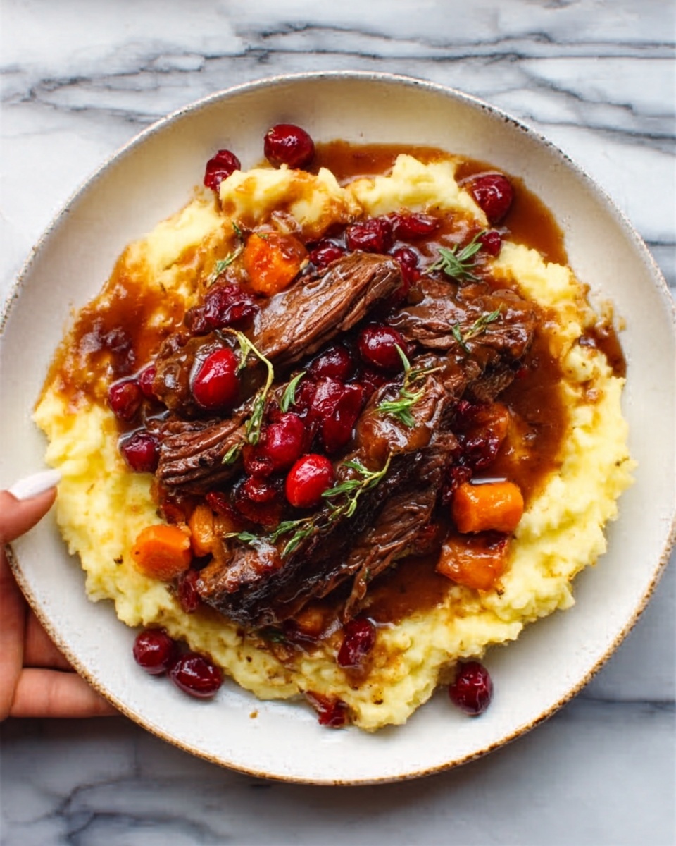 A white plate holds a dish with a base layer of creamy, pale yellow mashed potatoes. On top, there are several thick, dark brown slices of meat arranged in the middle. Bright red cranberries are scattered across the meat and mashed potatoes. Around the edges are orange carrot pieces, partly covered with dark brown sauce that also drizzles over the meat and potatoes. A woman's hand holds the edge of the plate on a white marbled surface. Photo taken with an iphone --ar 4:5 --v 7