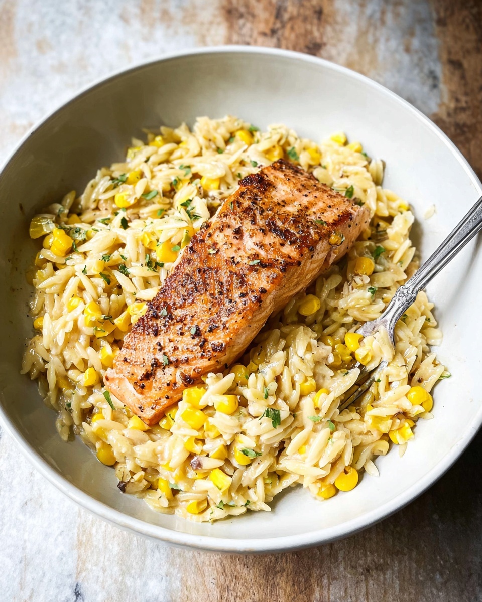 A white bowl on a white marbled surface holds a creamy orzo and corn mixture with a soft yellow color, dotted with bright yellow corn kernels and green herbs. On top, there is a single piece of cooked salmon with a golden brown, slightly crispy texture, showing grill marks and black pepper seasoning. A silver fork is placed on the right side of the bowl, partially inserted into the orzo mixture. The lighting is bright and natural, highlighting the textures of the food. photo taken with an iphone --ar 4:5 --v 7