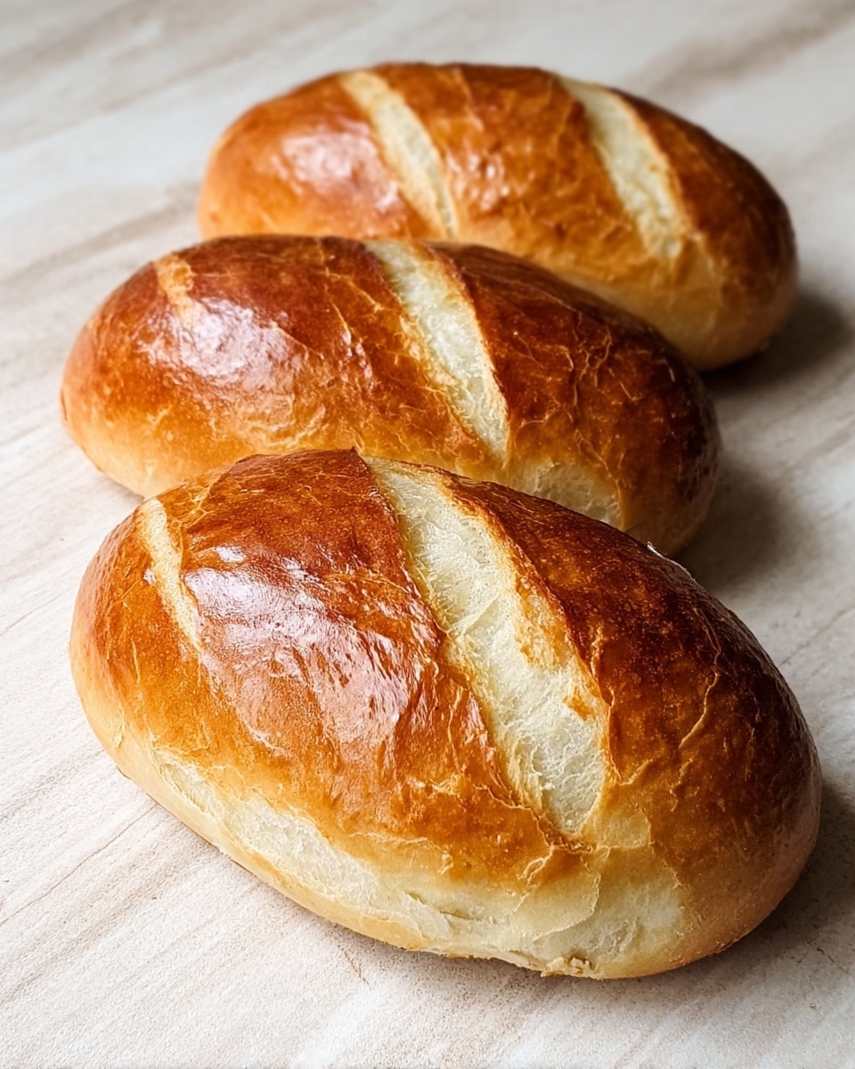 Three golden brown bread rolls lie side by side on a white marbled textured surface. Each roll has a smooth top with three diagonal slashes revealing a soft, lighter inner crumb that looks fluffy and airy. The rolls show a shiny, glazed crust with a gentle gradient of color from deep golden brown on the raised tops to a lighter beige near the bottom edges. The texture appears soft but firm, with slight cracks and wrinkles giving a fresh, homemade look. Photo taken with an iphone --ar 4:5 --v 7