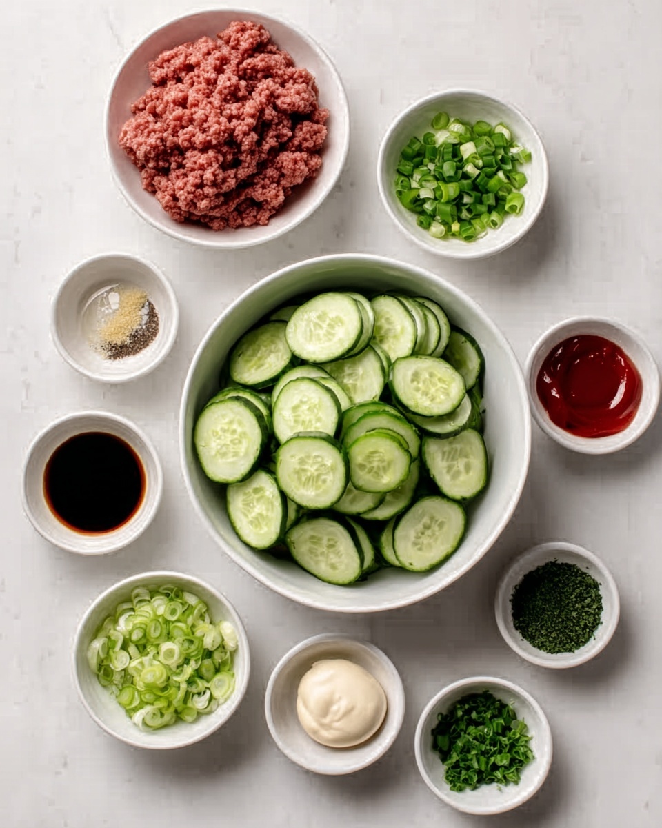 The image shows a white bowl at the center filled with thinly sliced cucumber rounds, arranged evenly. Surrounding this bowl are smaller white bowls and dishes arranged neatly on a white marbled surface, each containing different ingredients for a recipe: minced meat in one bowl, finely chopped green onions in another, dark soy sauce, light soy sauce, a small amount of creamy white sauce, ketchup, minced garlic, ground black pepper, and chopped green herbs. The bowls and dishes show a mix of colors including green, red, brown, and white, creating a balanced and organized layout. Photo taken with an iphone --ar 4:5 --v 7