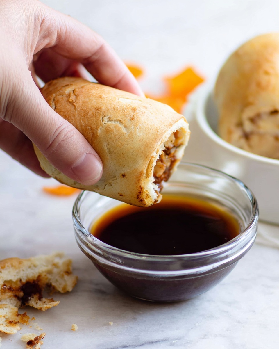 A woman's hand is holding a golden-brown baked roll with a lightly crispy texture, dipping it into a clear glass white bowl filled with dark brown sauce. The roll has a slightly cracked surface showing a soft inside. Another roll, partly eaten, is placed on a white marbled surface next to the bowl, with some small crumbs nearby. Some orange chips are slightly visible in the blurry background. Photo taken with an iphone --ar 4:5 --v 7