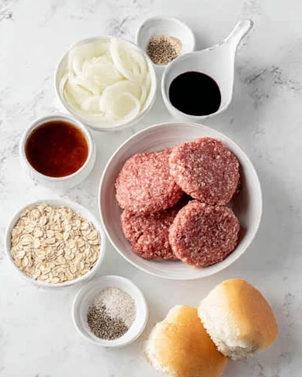 The image shows a white bowl with five raw meat patties inside. Around the bowl are small white bowls and one larger white bowl with different ingredients. One bowl holds oats, another has sliced onions, and a smaller bowl contains a spice mixture. There are two white saucers with dark sauces and one with black pepper and salt. To the side, there are two soft bread rolls. All items are placed on a white marbled surface. Photo taken with an iphone --ar 4:5 --v 7
