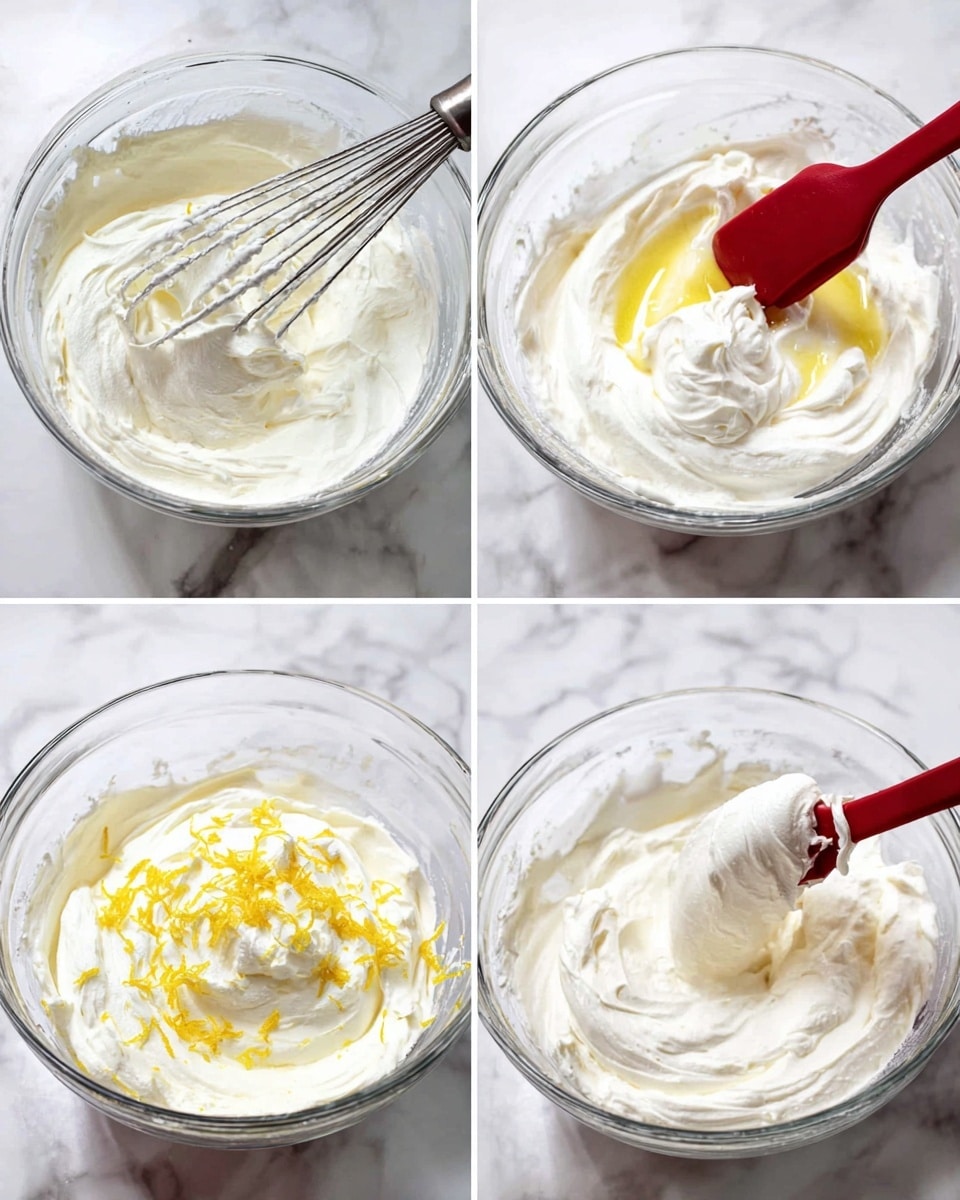 A collage of four images showing whipped cream being prepared in a clear glass bowl on a white marbled surface. The first image shows a metal whisk lifting fluffy white whipped cream, with soft peaks forming. The second image captures a red silicone spatula folding a yellow liquid into the thick white cream inside the bowl. The third image shows lemon zest added to the cream, with the yellow strands sitting on top of the white mixture, and the spatula slightly stirring. The fourth image shows the creamy mixture fully combined, smooth and thick, being gently lifted by the red spatula. Photo taken with an iphone --ar 4:5 --v 7