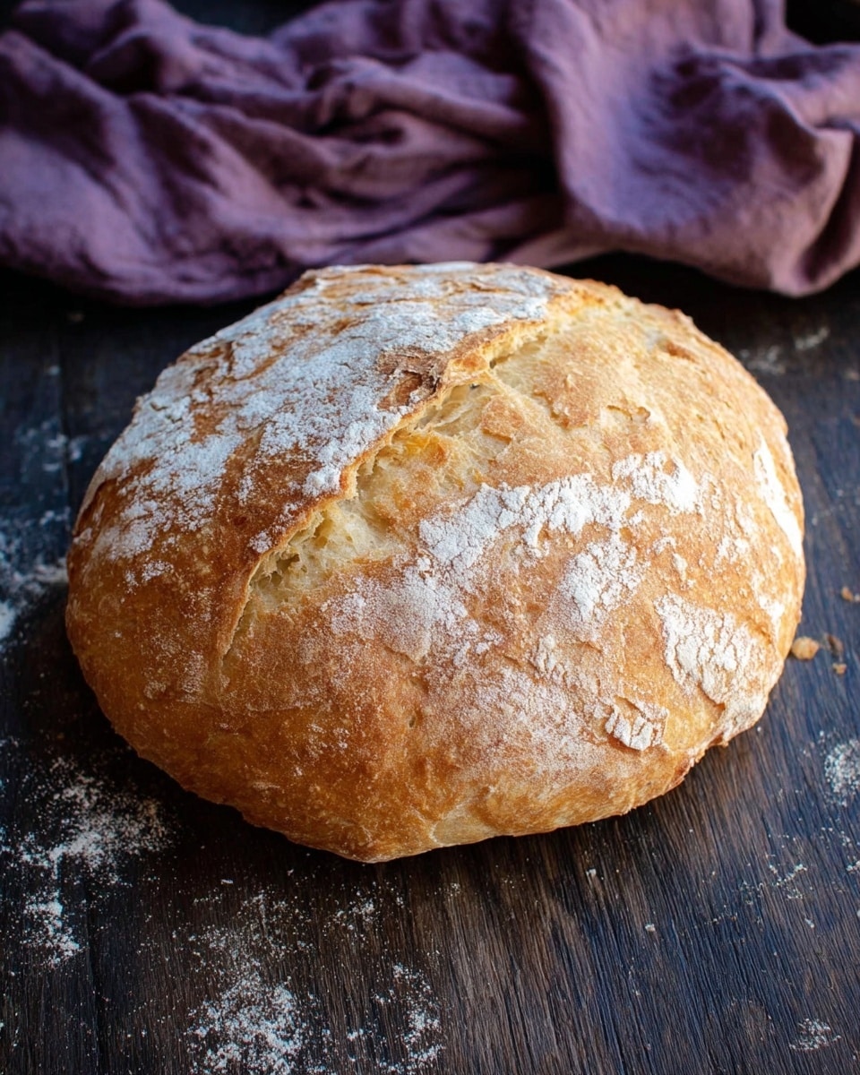 A round loaf of bread with a light brown crust sits on a dark wooden surface, dusted lightly with white flour. The crust has a rough texture with visible cracks and a natural split running across the top. A soft, fluffy crumb peeks out slightly from one side near the bottom. In the background, a crumpled purple cloth adds a splash of color. The photo taken with an iphone --ar 4:5 --v 7